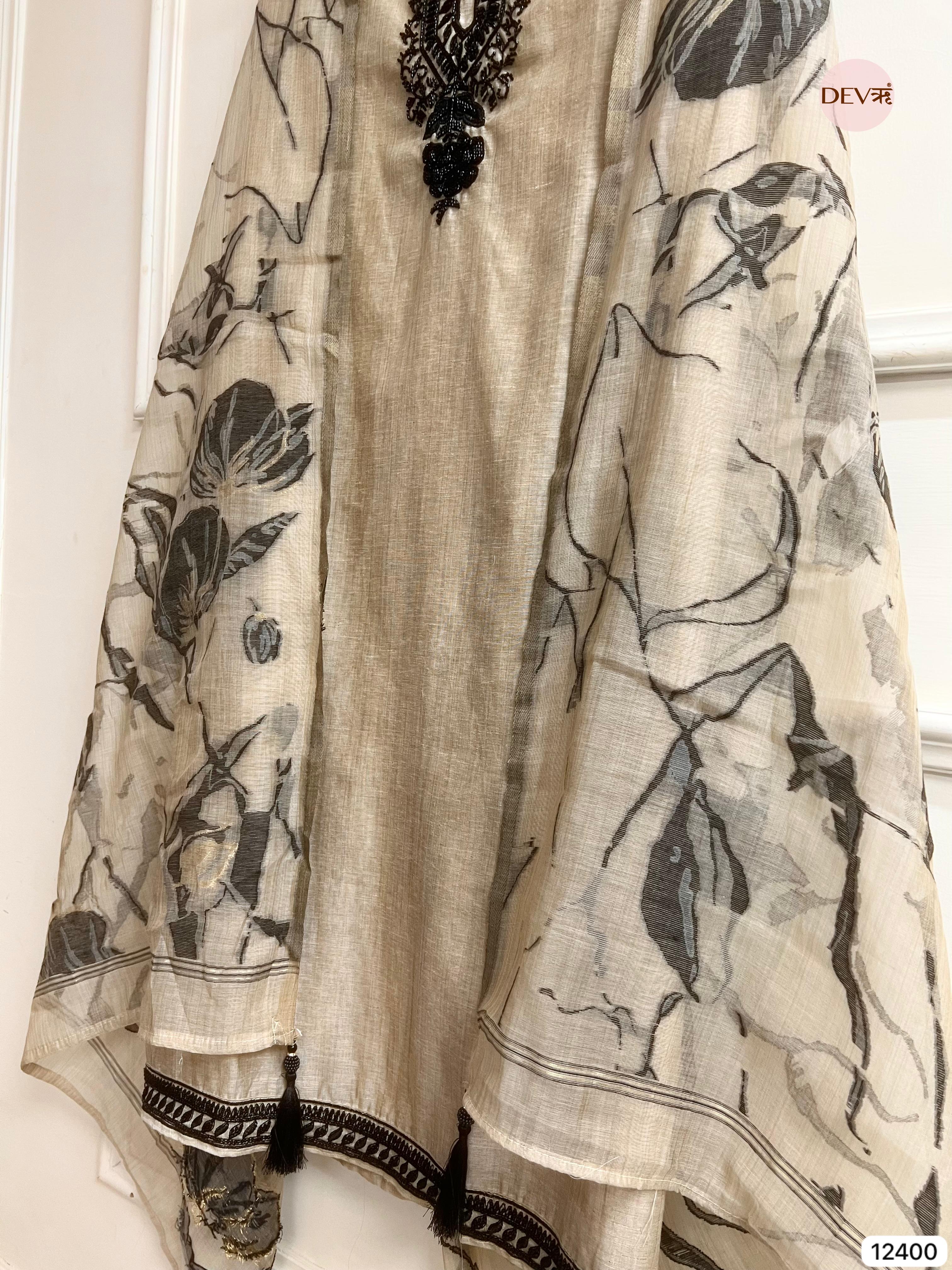 Beige Mul Chanderi Embroidered Unstitched 3-Piece Suit (Devri – D.No 12400)