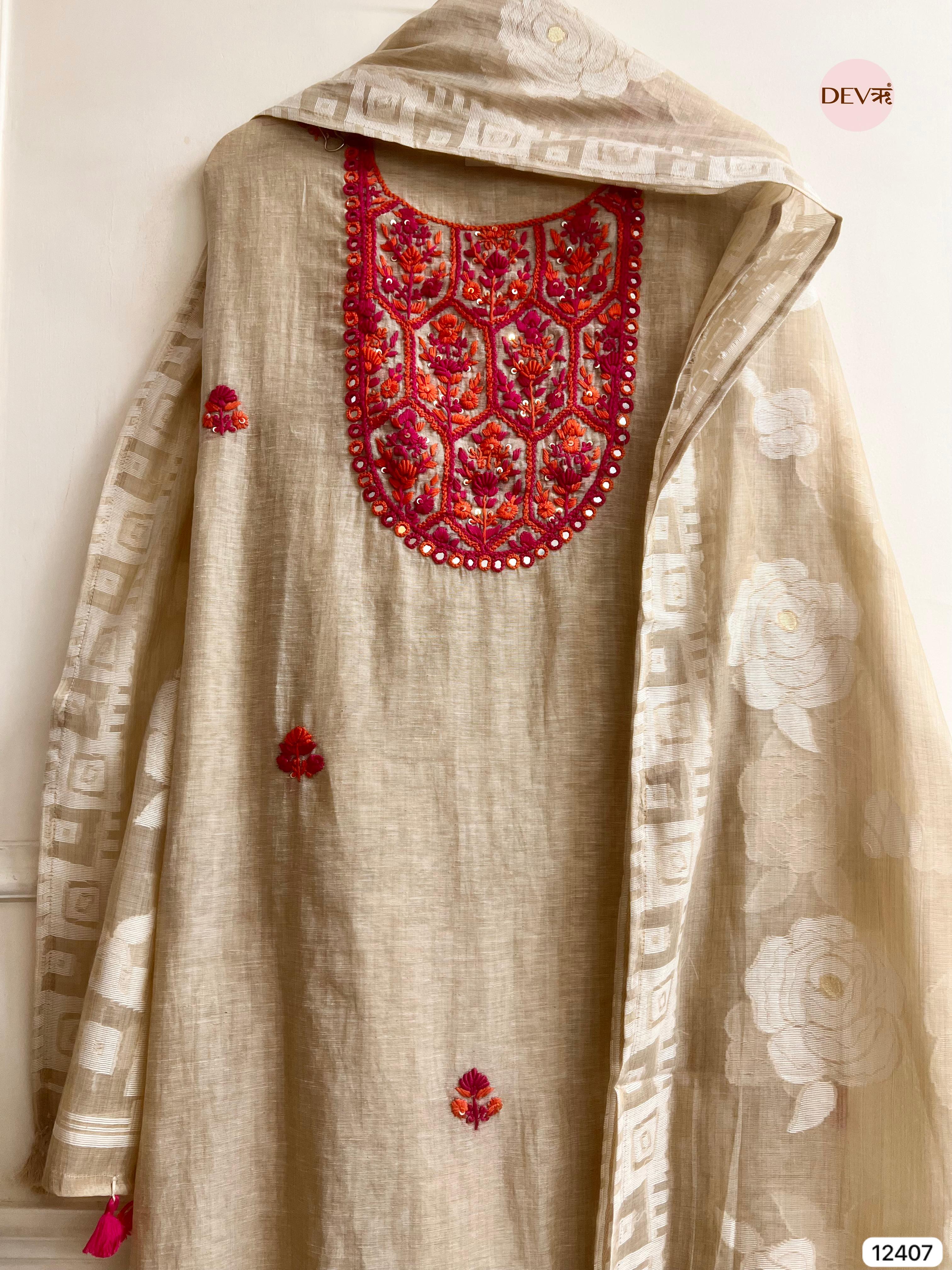 Beige Mul Chanderi Embroidered Unstitched 3-Piece Suit (Devri – D.No 12407)