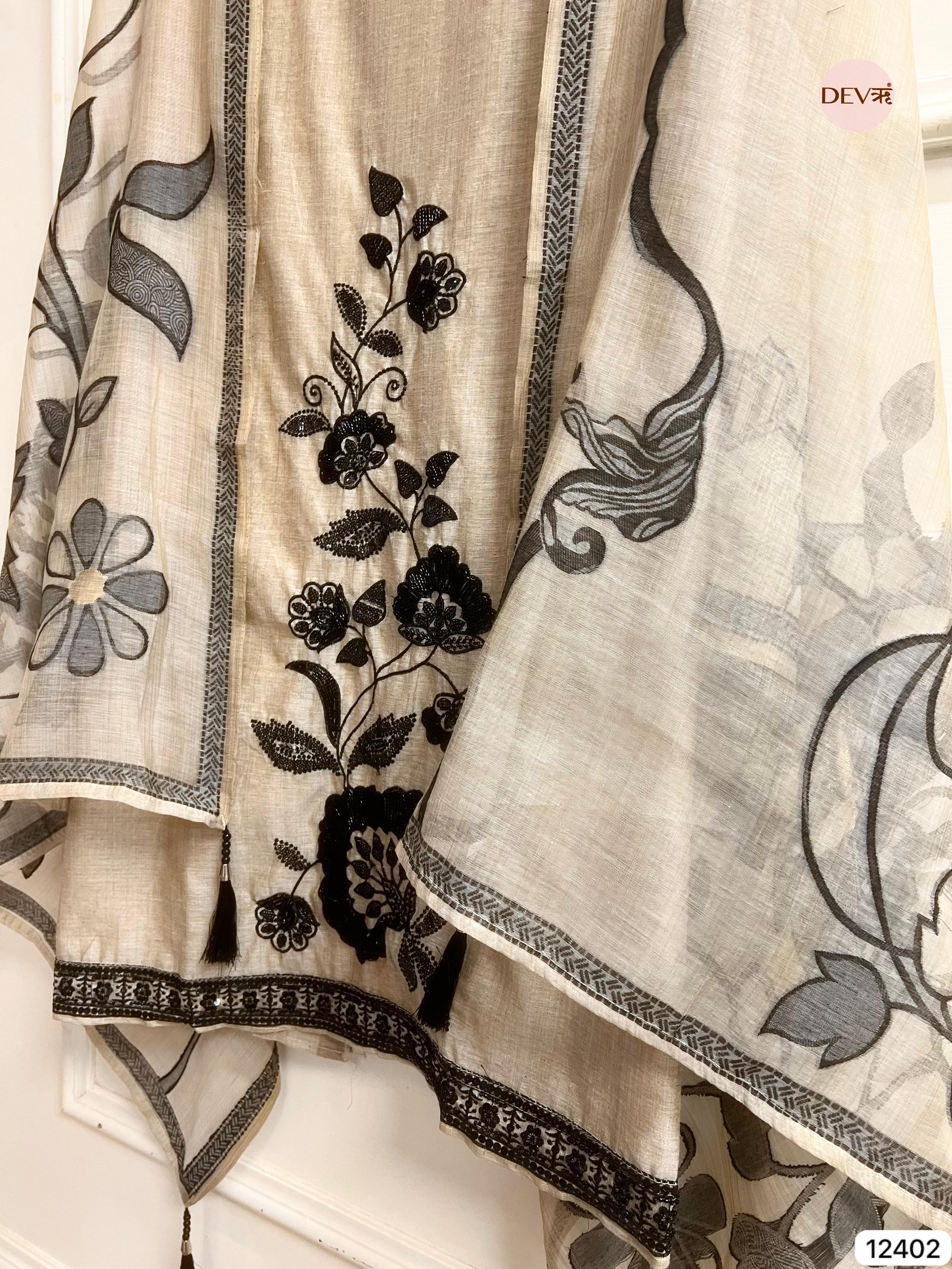 Beige Mul Chanderi Embroidered Unstitched 3-Piece Suit (Devri – D.No 12402)