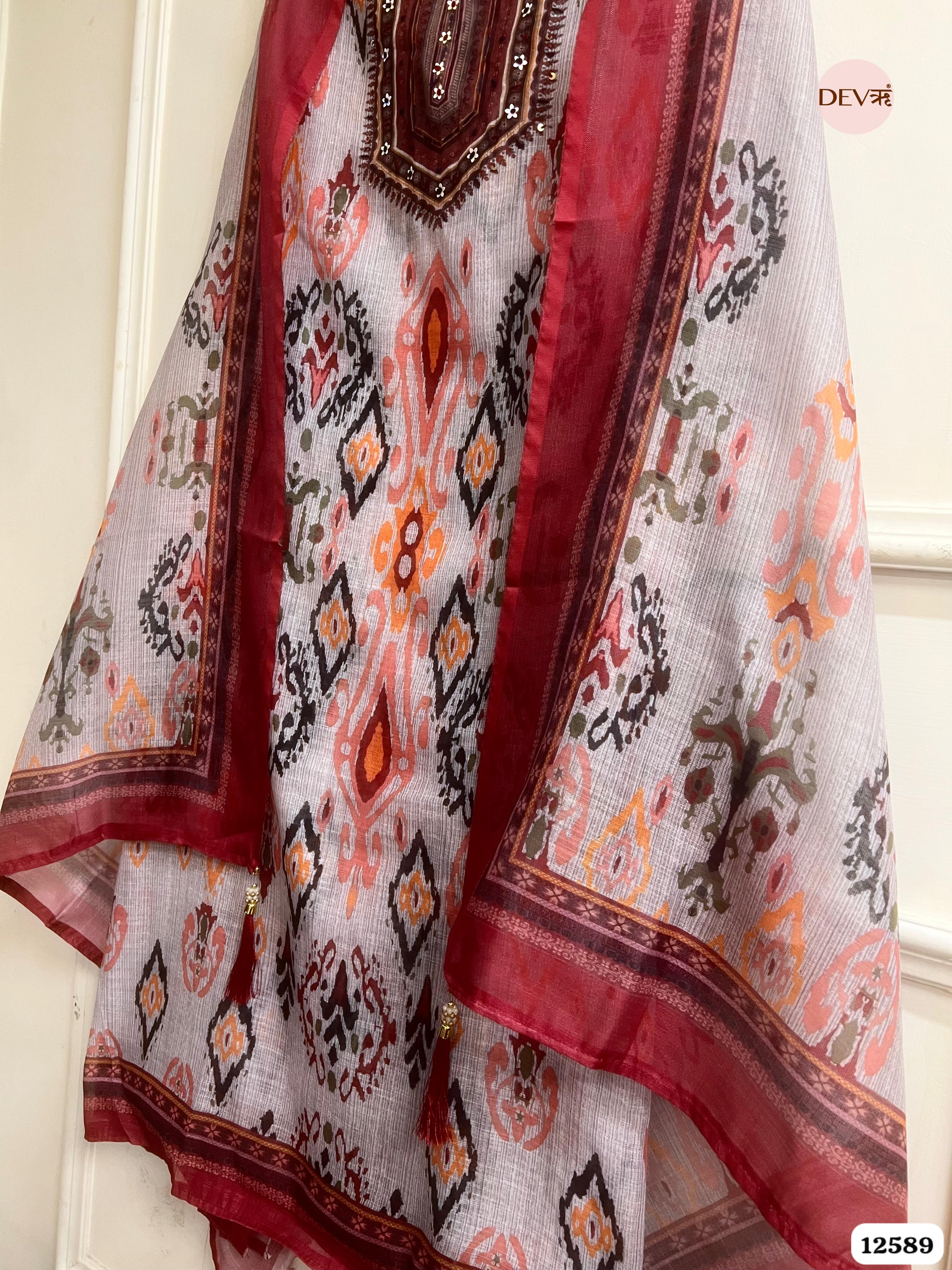 Maroon linen Printed Unstitched 3-Piece Suit (Devri – D.No 12589)