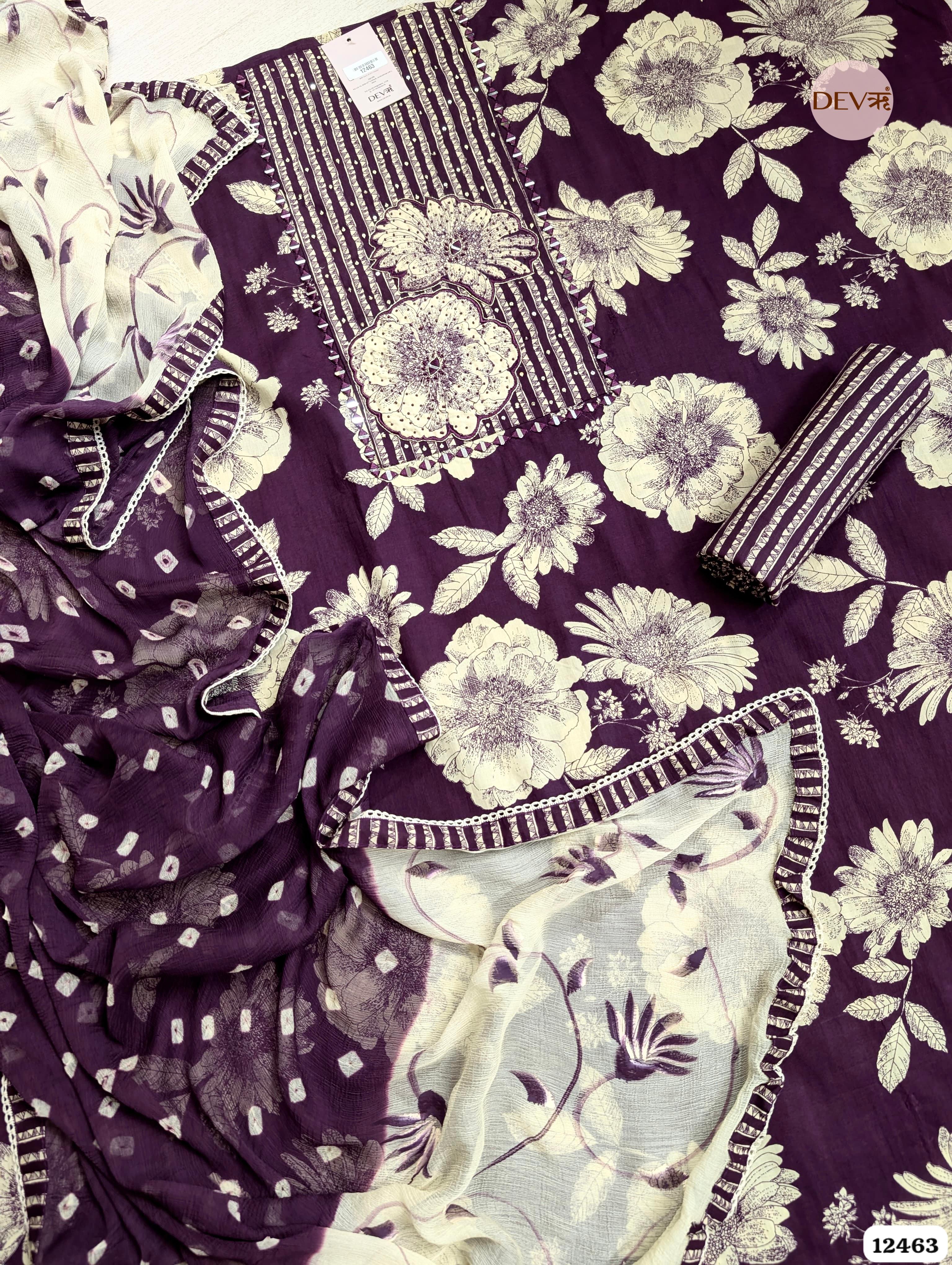 Plum Cotton Printed Unstitched 3-Piece Suit (Devri – D.No. 12463)