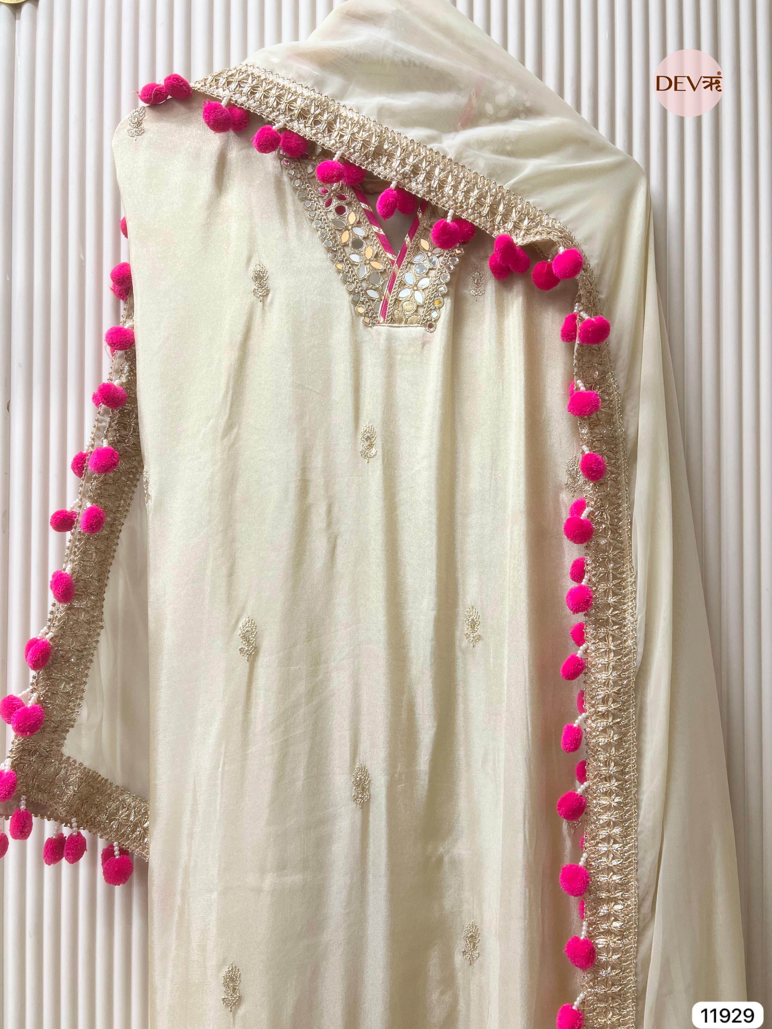 Ivory Shimmer Silk Embroidered Unstitched 3-Piece Suit (Devri – D.No 11929)