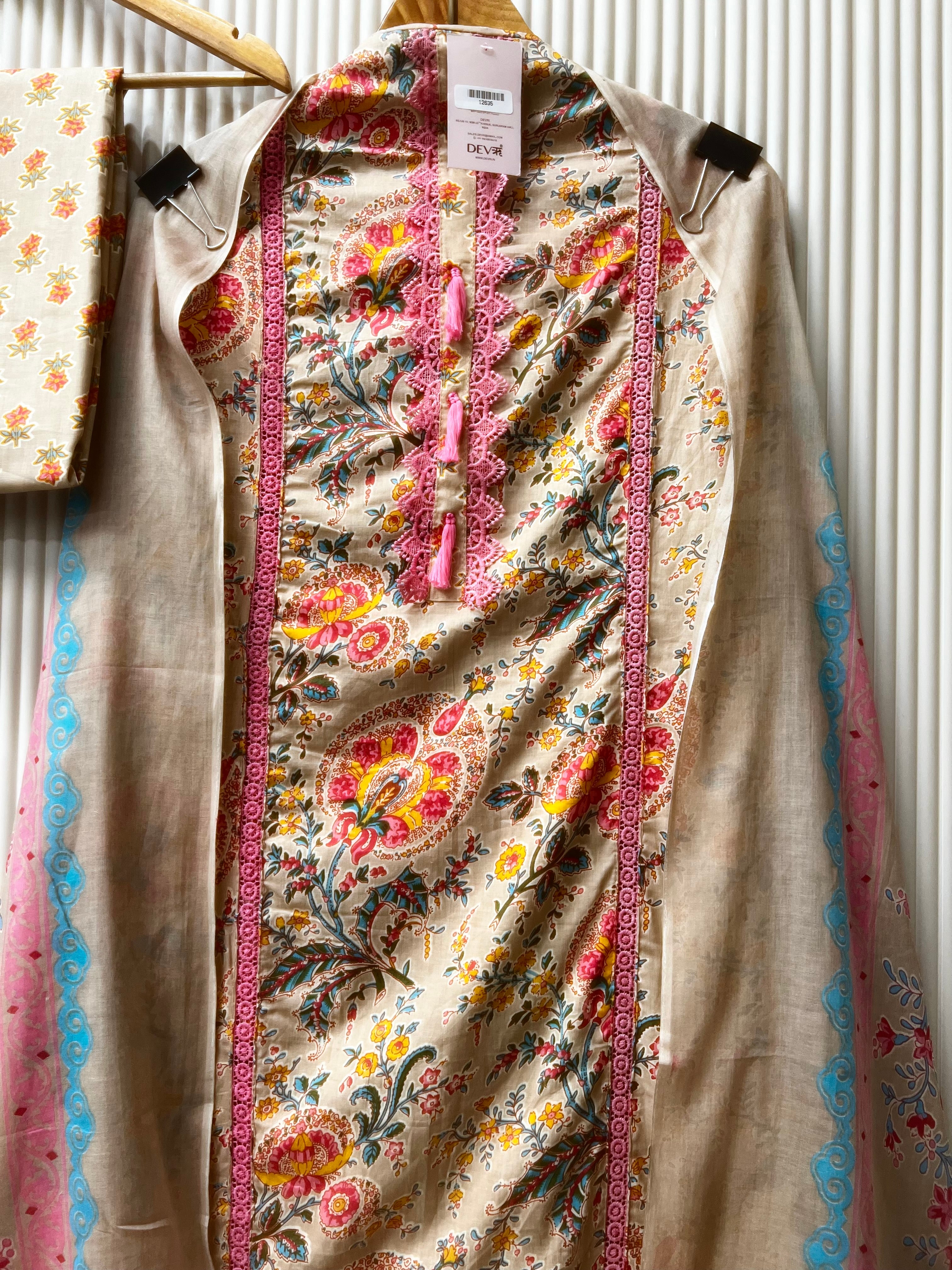 Beige Cotton Floral Printed Unstitched 3-Piece Suit (Devri – D.No 12635)