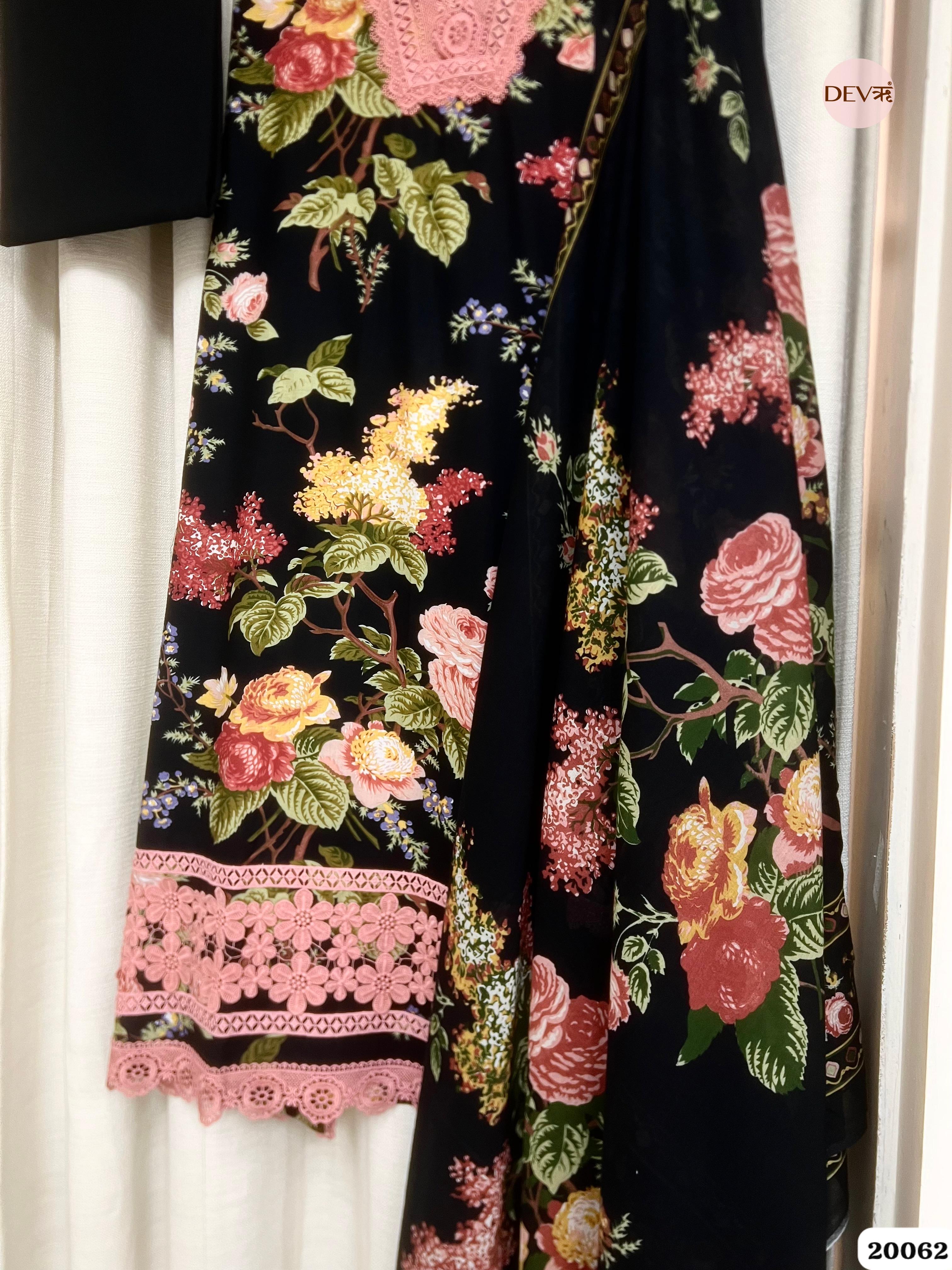 Black Cotton Printed Unstitched 3-Piece Suit (Devri – D.No. 20062)