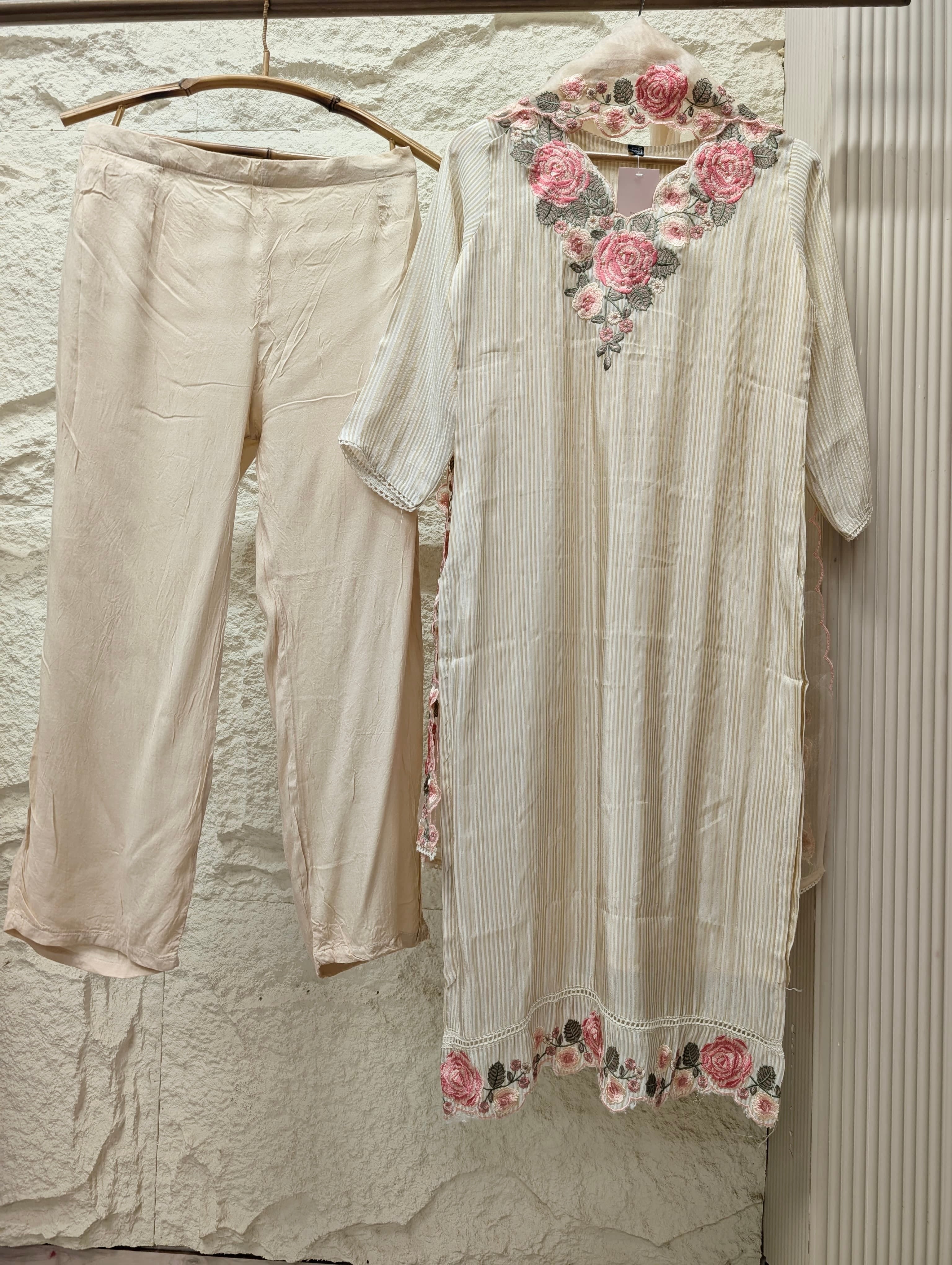 Gulnaar Tissue silk Embroidered Ivory 3-Piece Set (Devri – D.No 13797)