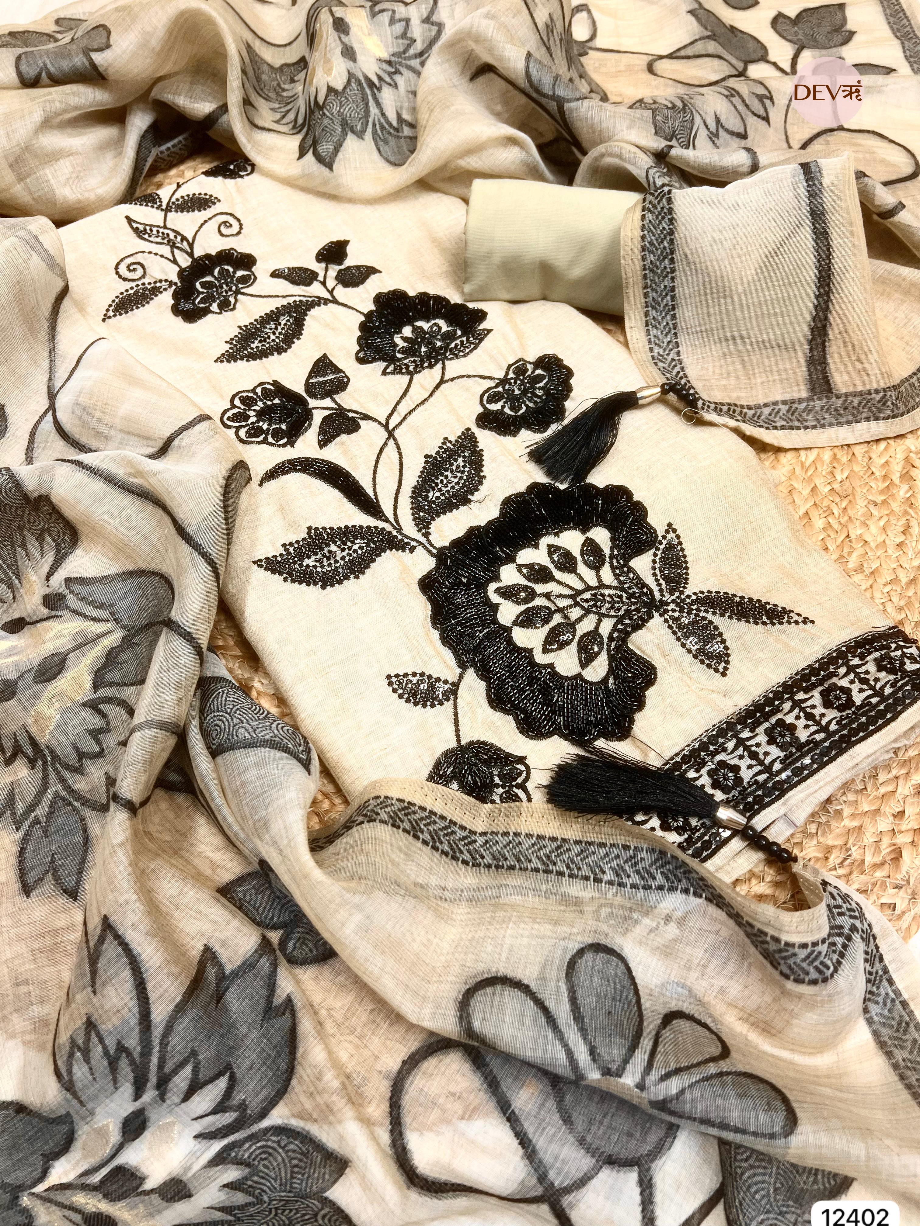 Beige Mul Chanderi Embroidered Unstitched 3-Piece Suit (Devri – D.No 12402)