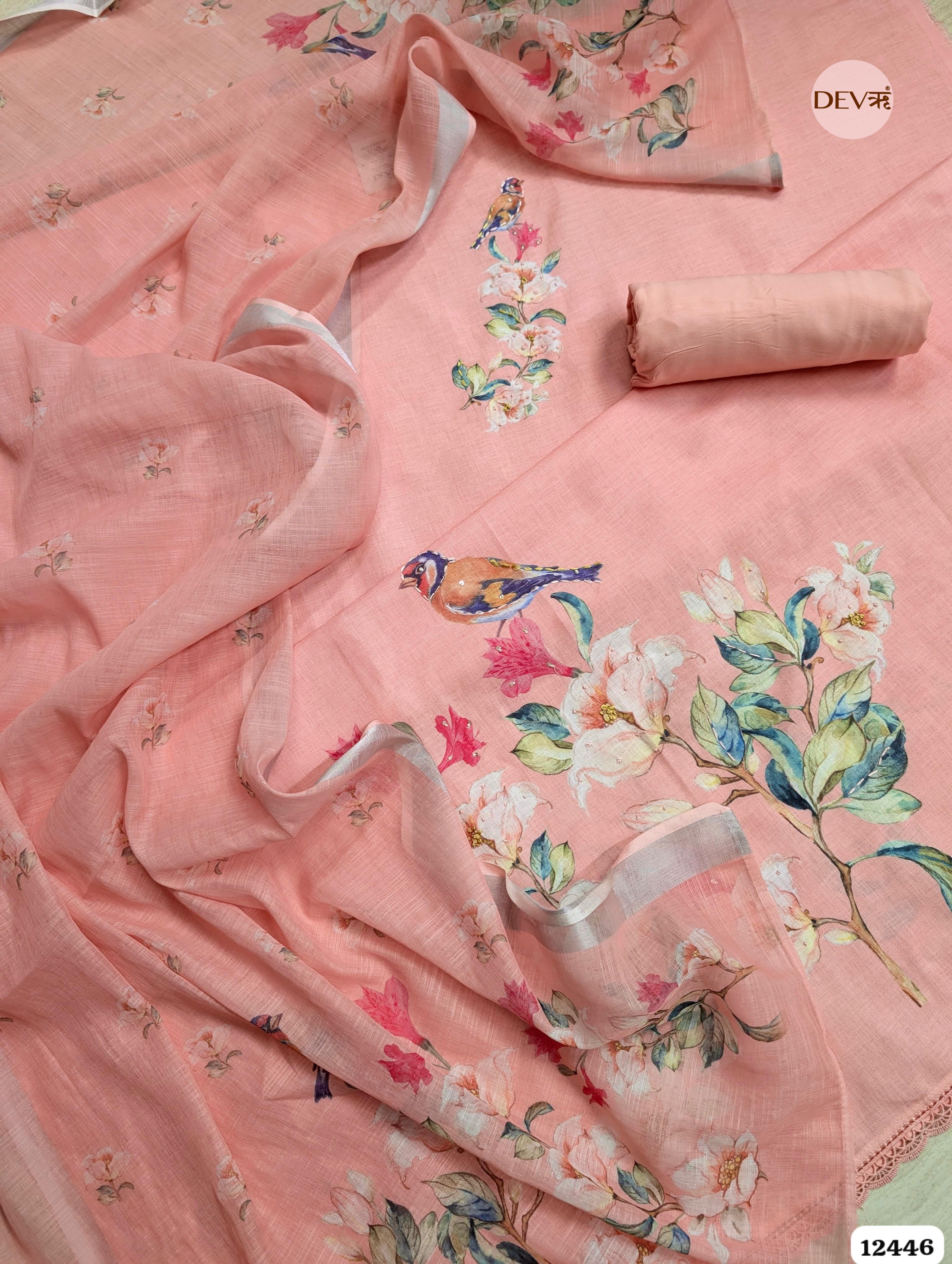 Peach Linen cotton Printed Unstitched 3-Piece Suit (Devri – D.No. 12446)