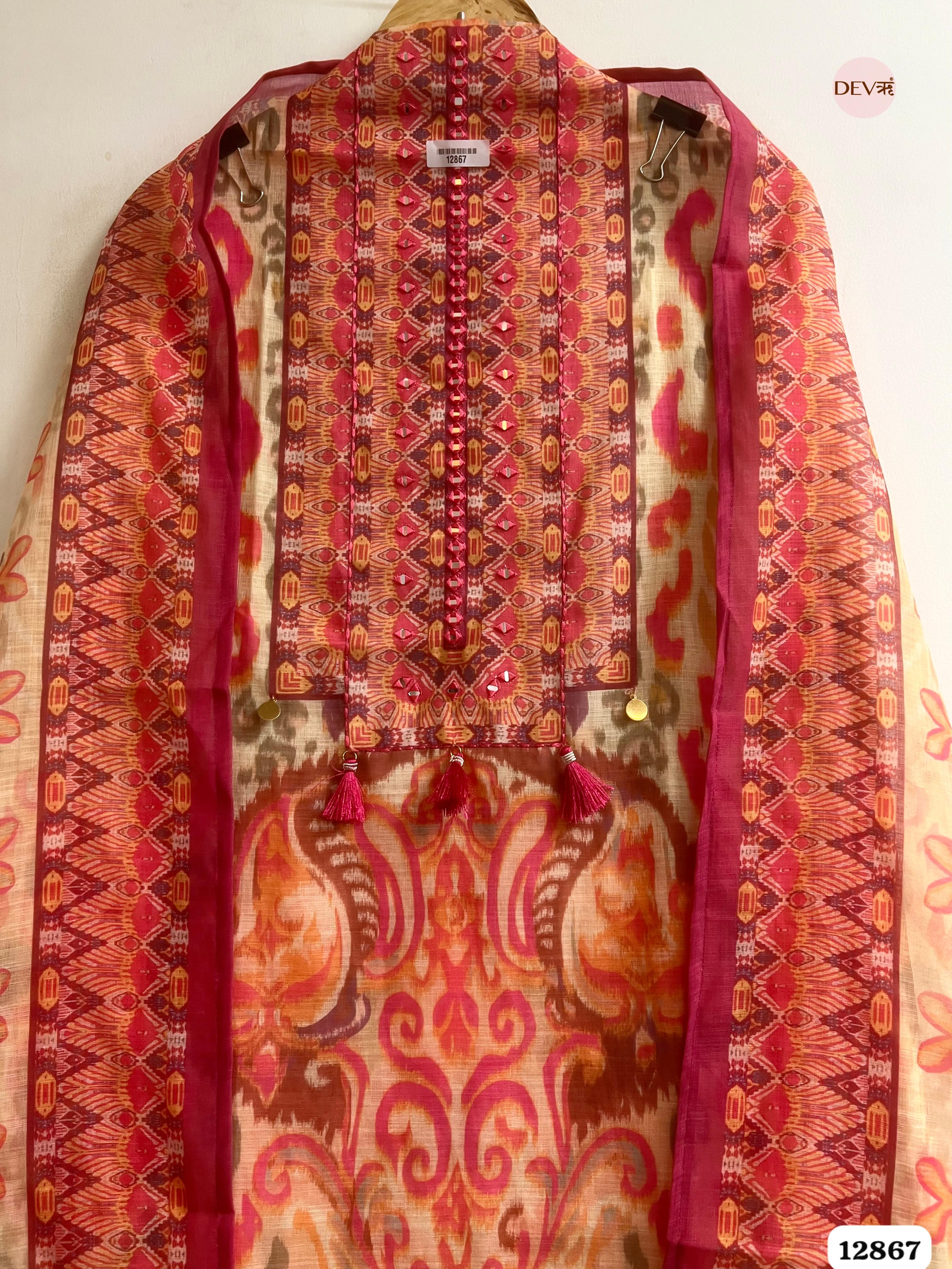 Pink Linen Cotton Printed Unstitched 3-Piece Suit (Devri – D.No 12867)