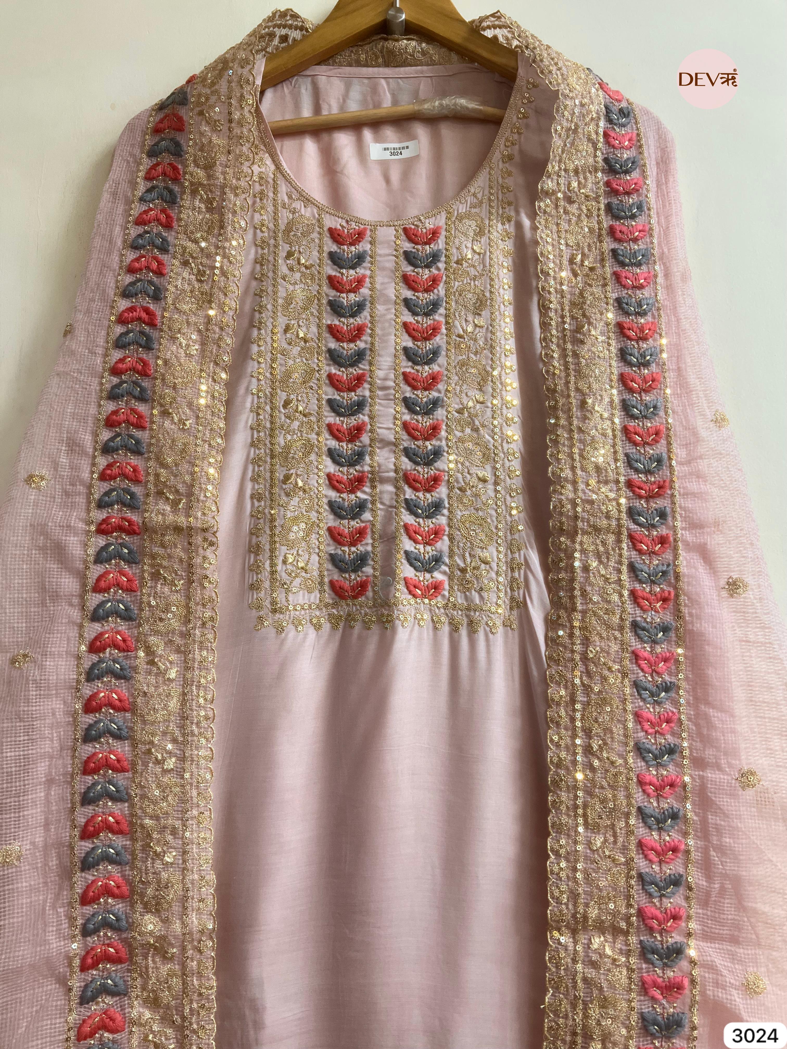 Baby Pink Muslin Embroidered Unstitched 3-Piece Suit (Devri – D.No 3024)