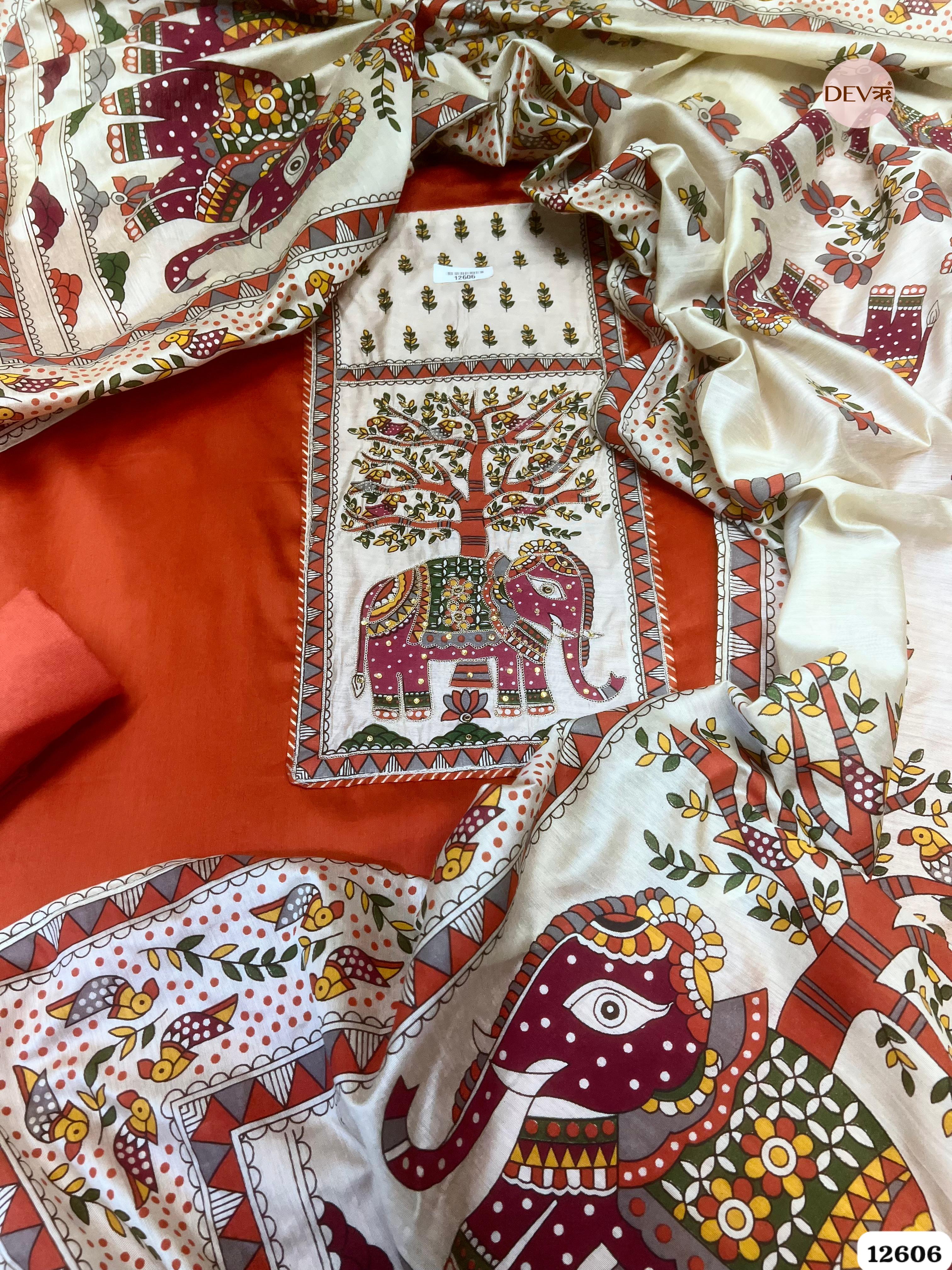 Rust Orange Cotton Embroidered Unstitched 3-Piece Suit (Devri – D.No 12606)