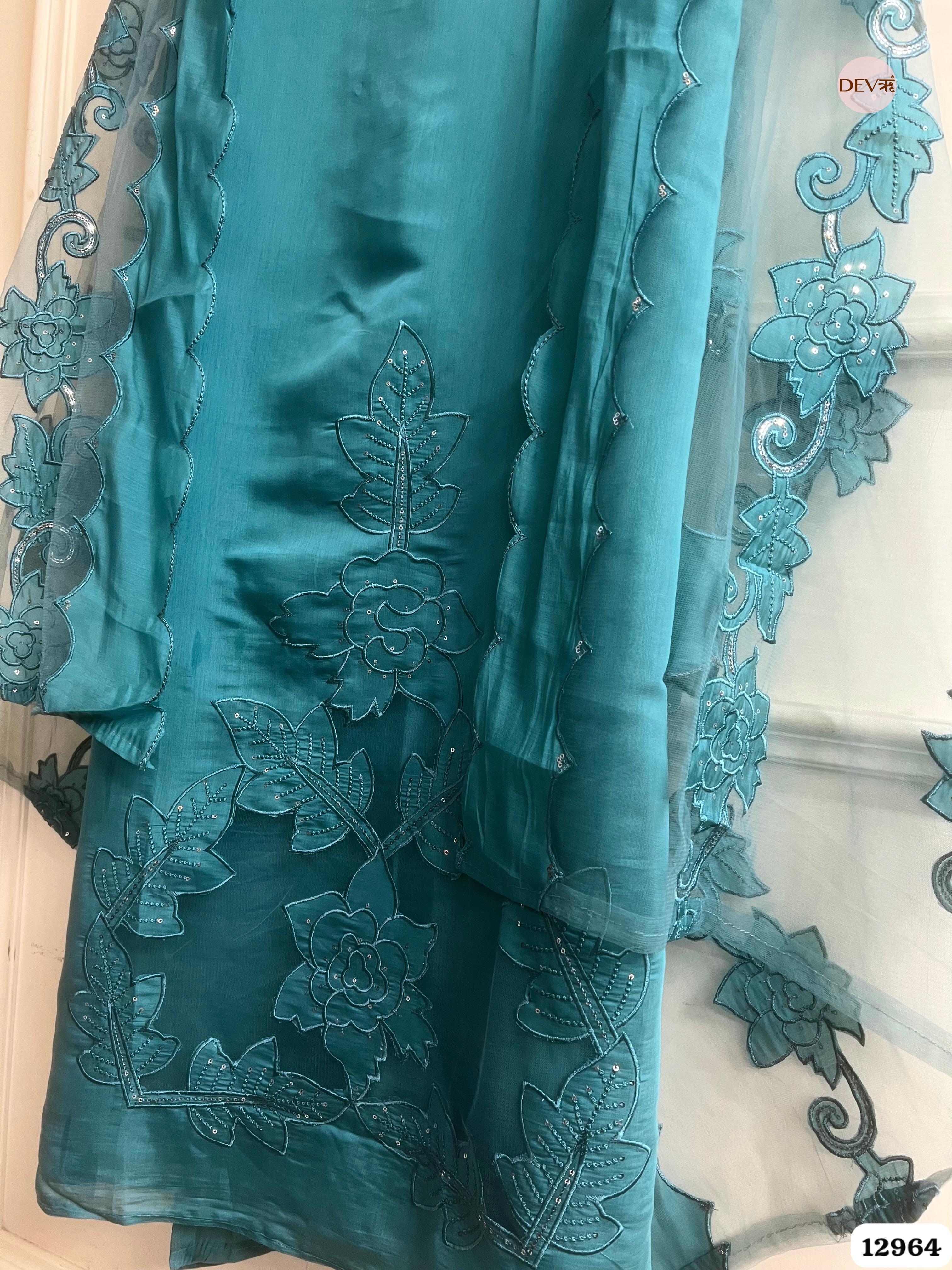 Teal Roman Silk Embroidered Unstitched 3-Piece Suit (Devri – D.No 12964)