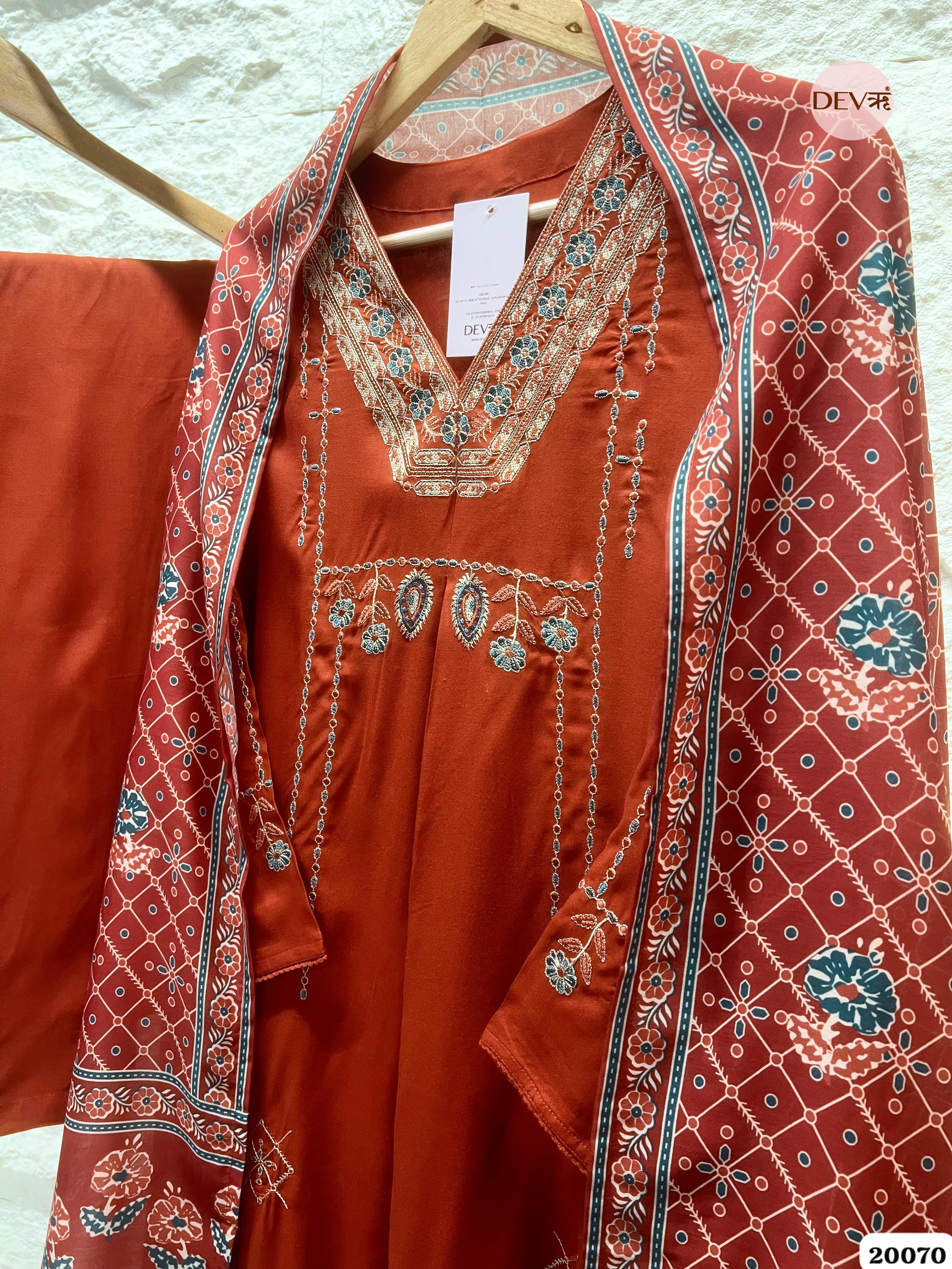 Amara German Reyon Embroidered Rust Red 3-Piece Set (Devri – D.No 20070)