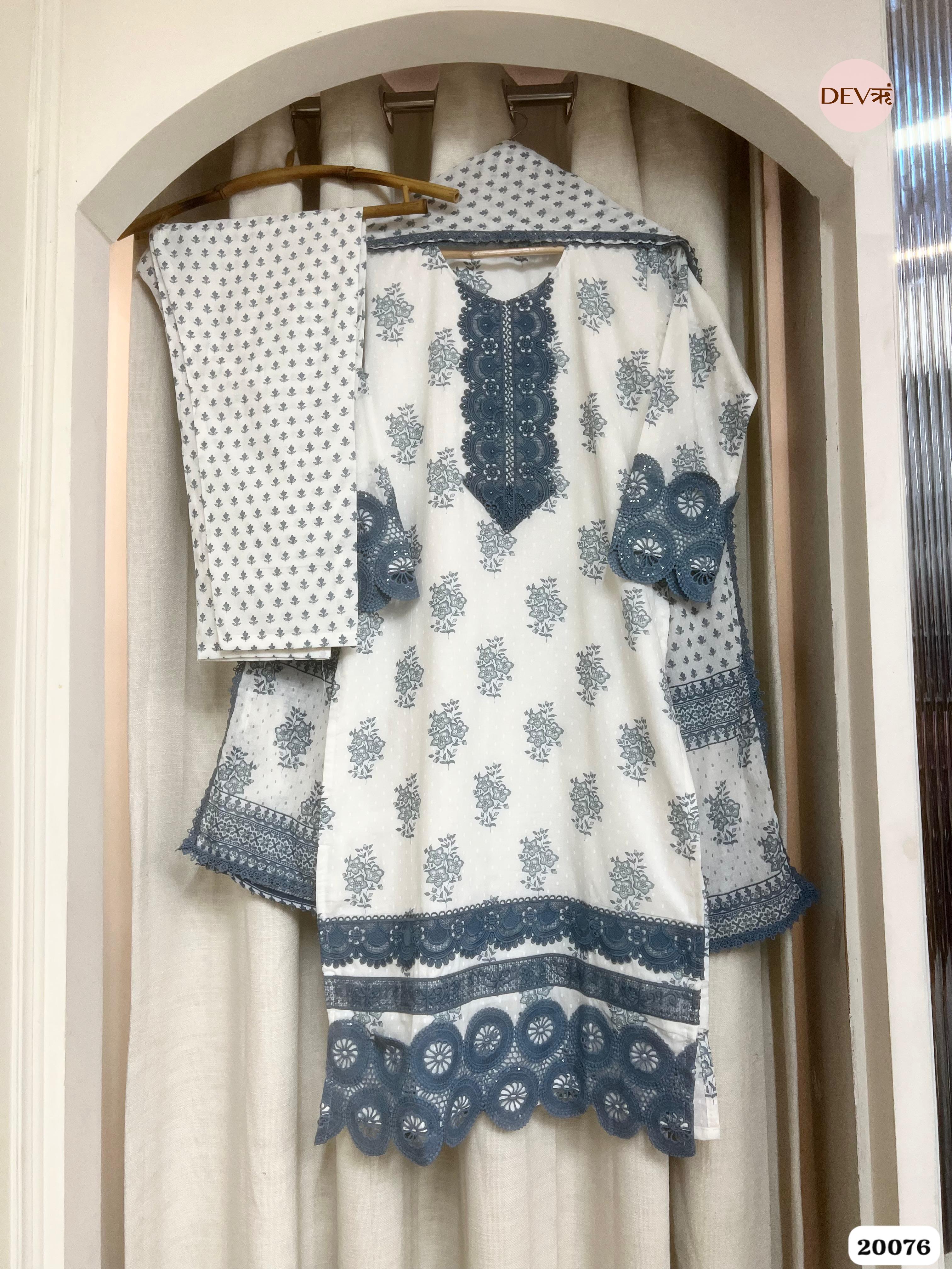 Meher Cotton Printed Slate Blue & Ivory 3-Piece Set (Devri – D.No 20076)