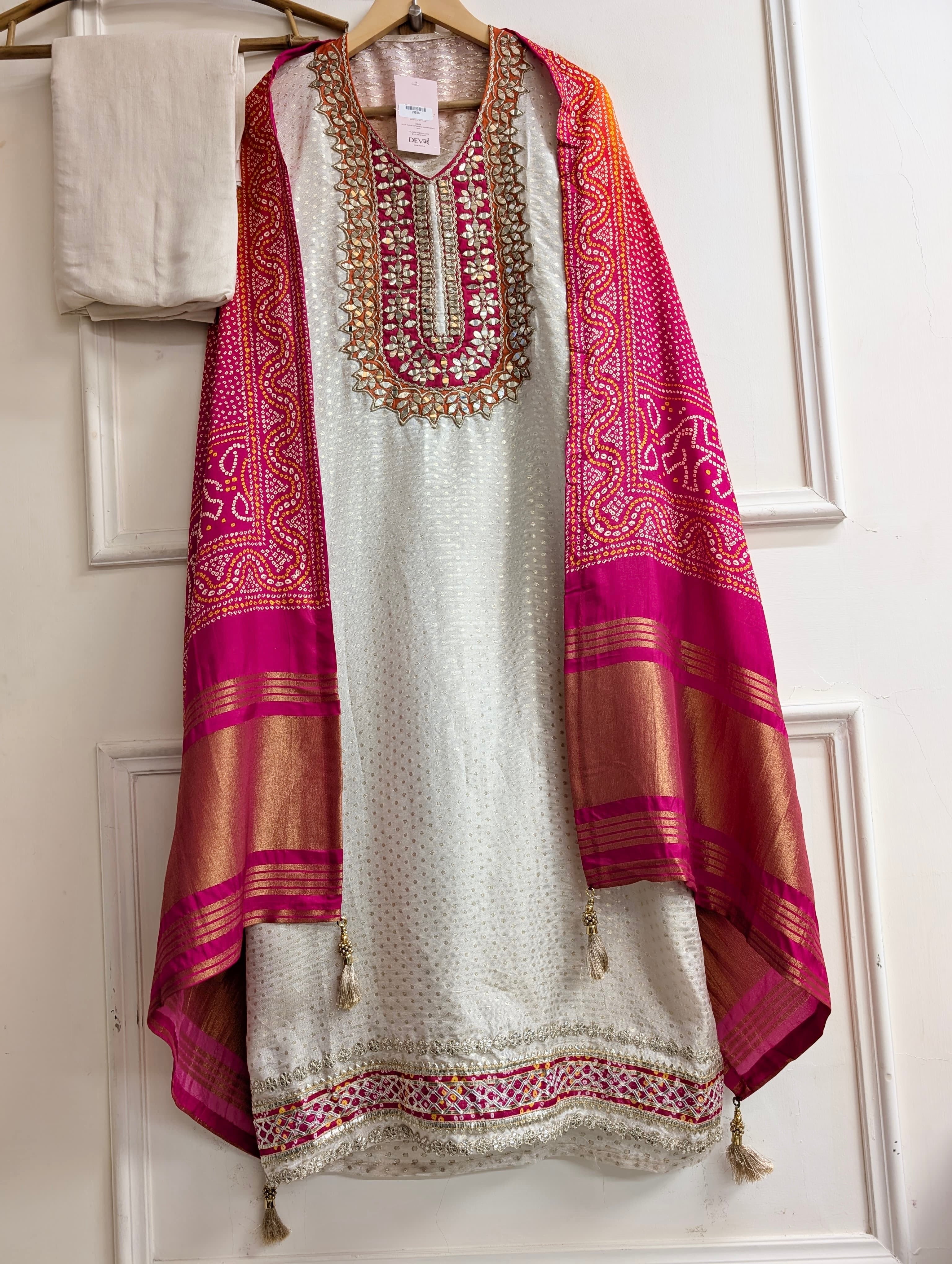 Off White Tissue Silk Embroidered Unstitched 3-Piece Suit (Devri – D.No 13695)