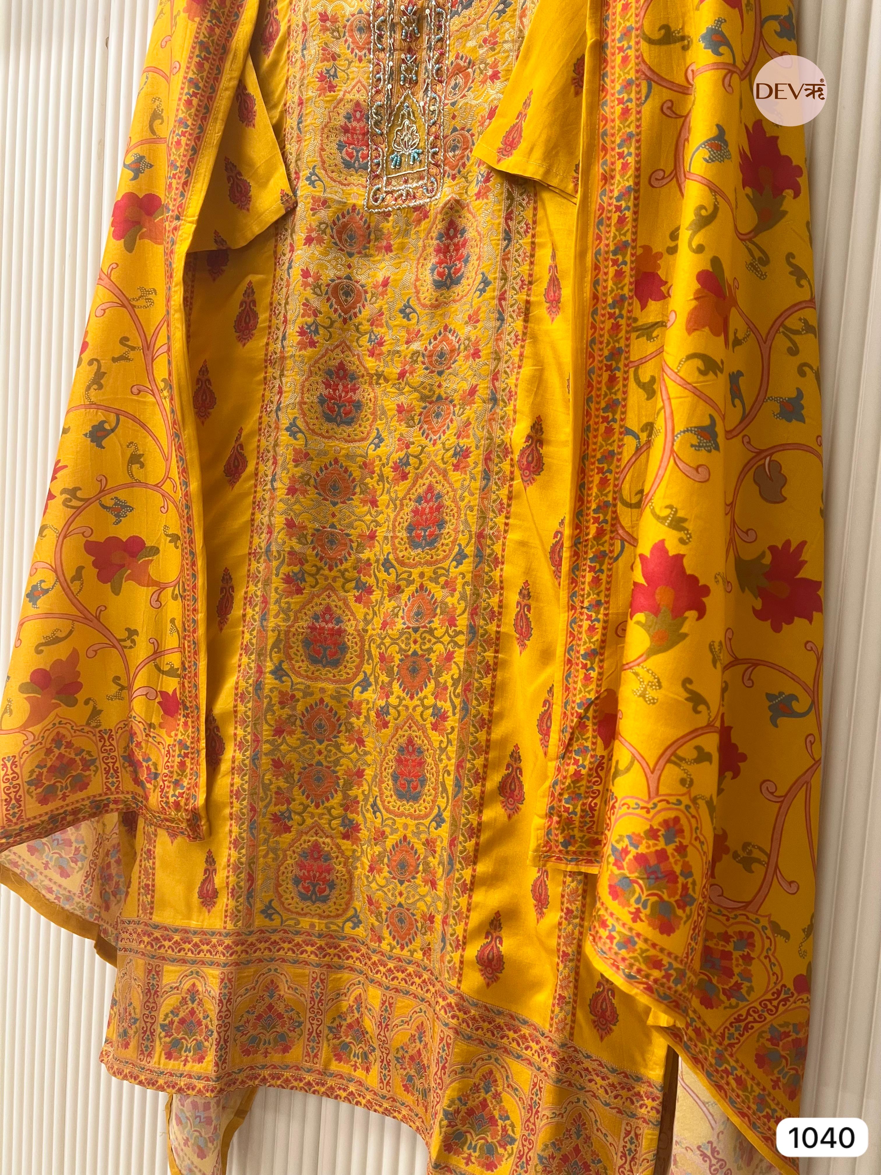 Suhani Pure Modal Silk Printed Yellow 3-Piece Set (Devri – D.No 1040)