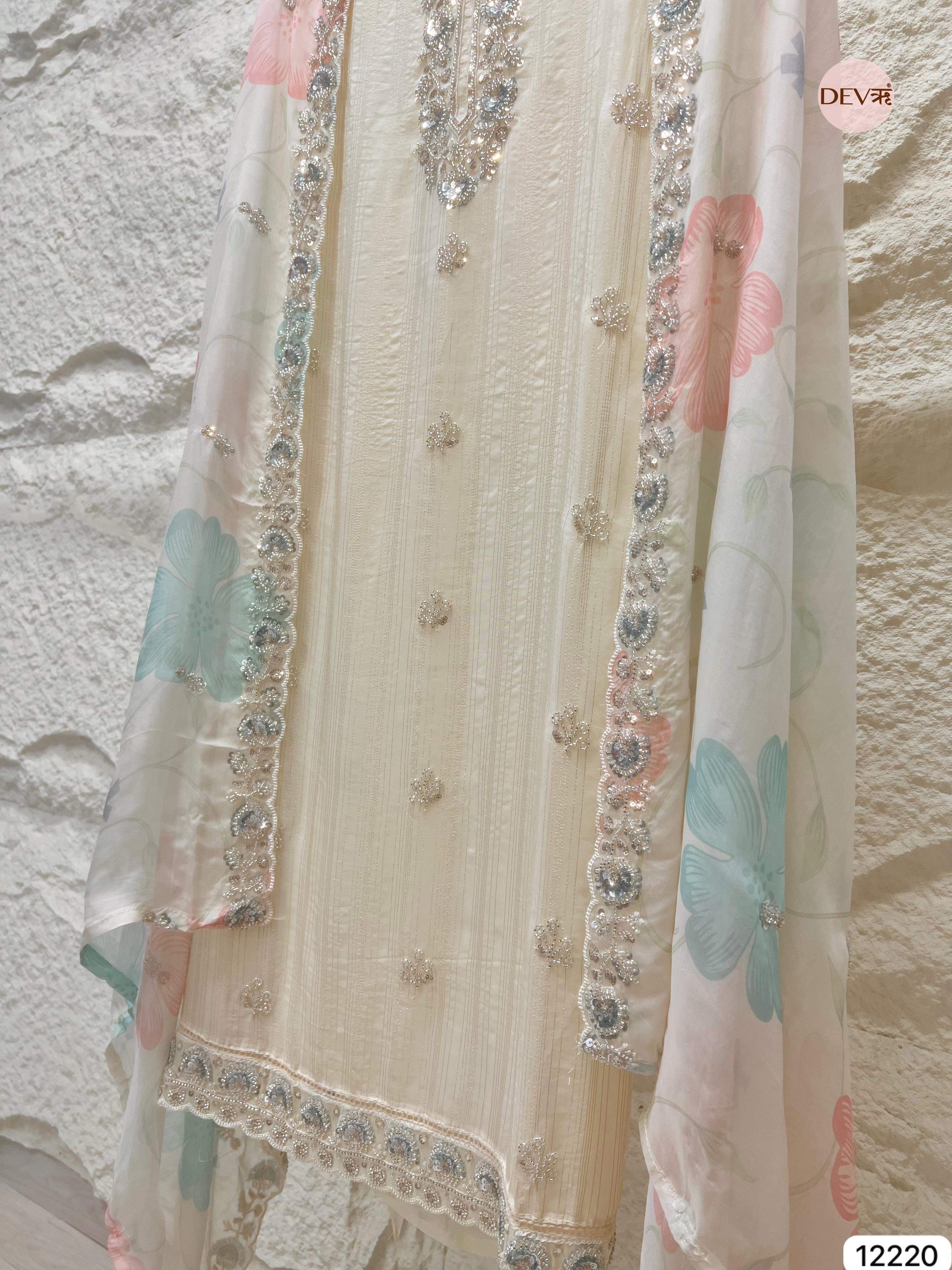 Ivory Pure Organza Hand-Embroidered Unstitched 3-Piece Suit (Devri – D.No 12220)