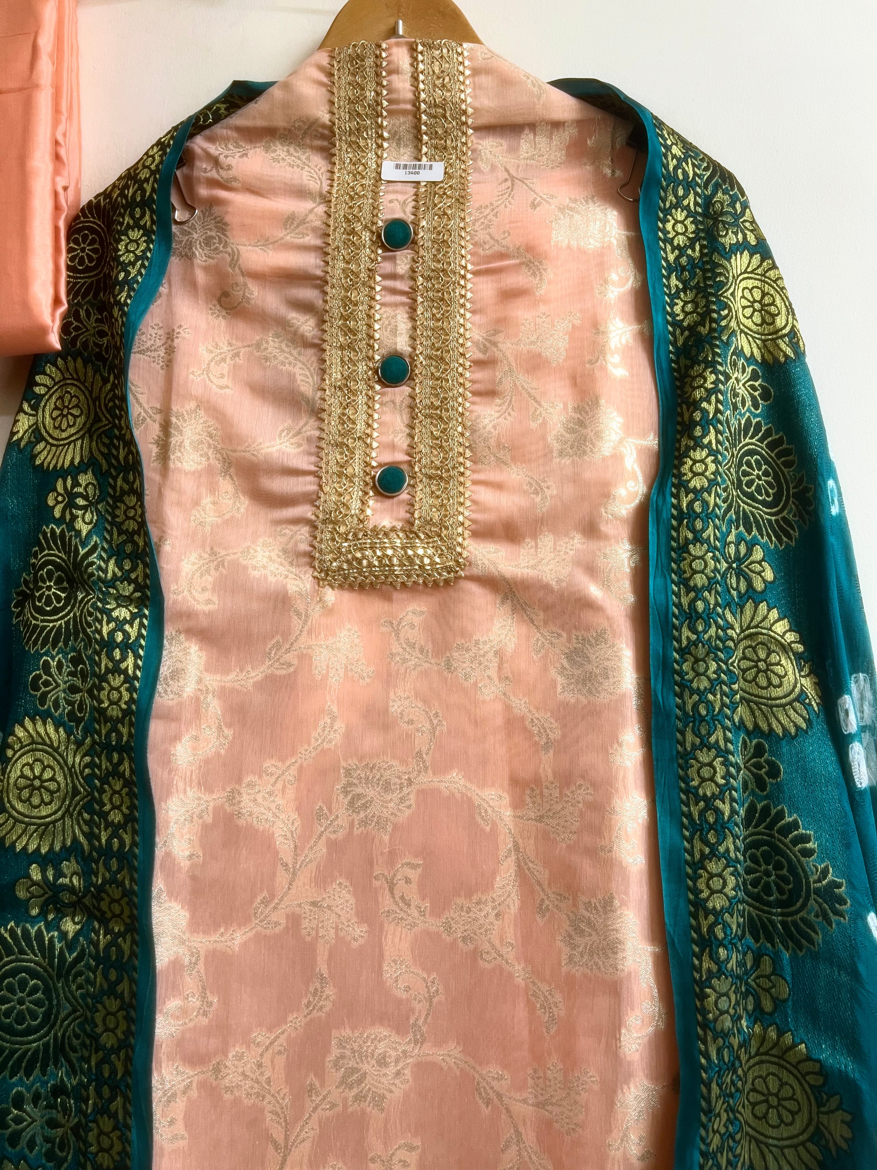 Peach Silk Blend Printed Unstitched 3-Piece Suit (Devri – D.No 13400)