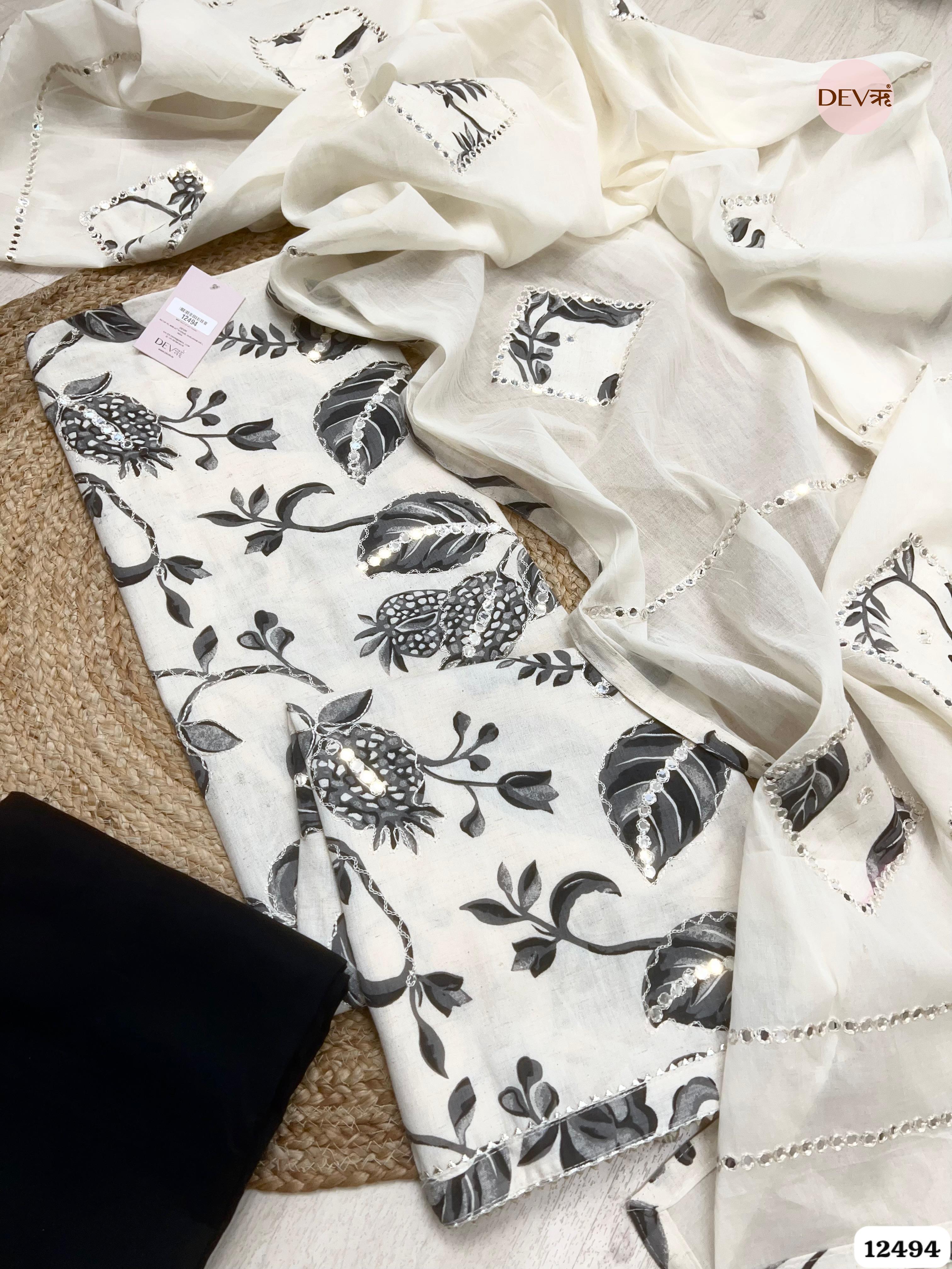 Ivory & Charcoal Pure Cotton Printed Unstitched 3-Piece Suit (Devri – D.No 12494)