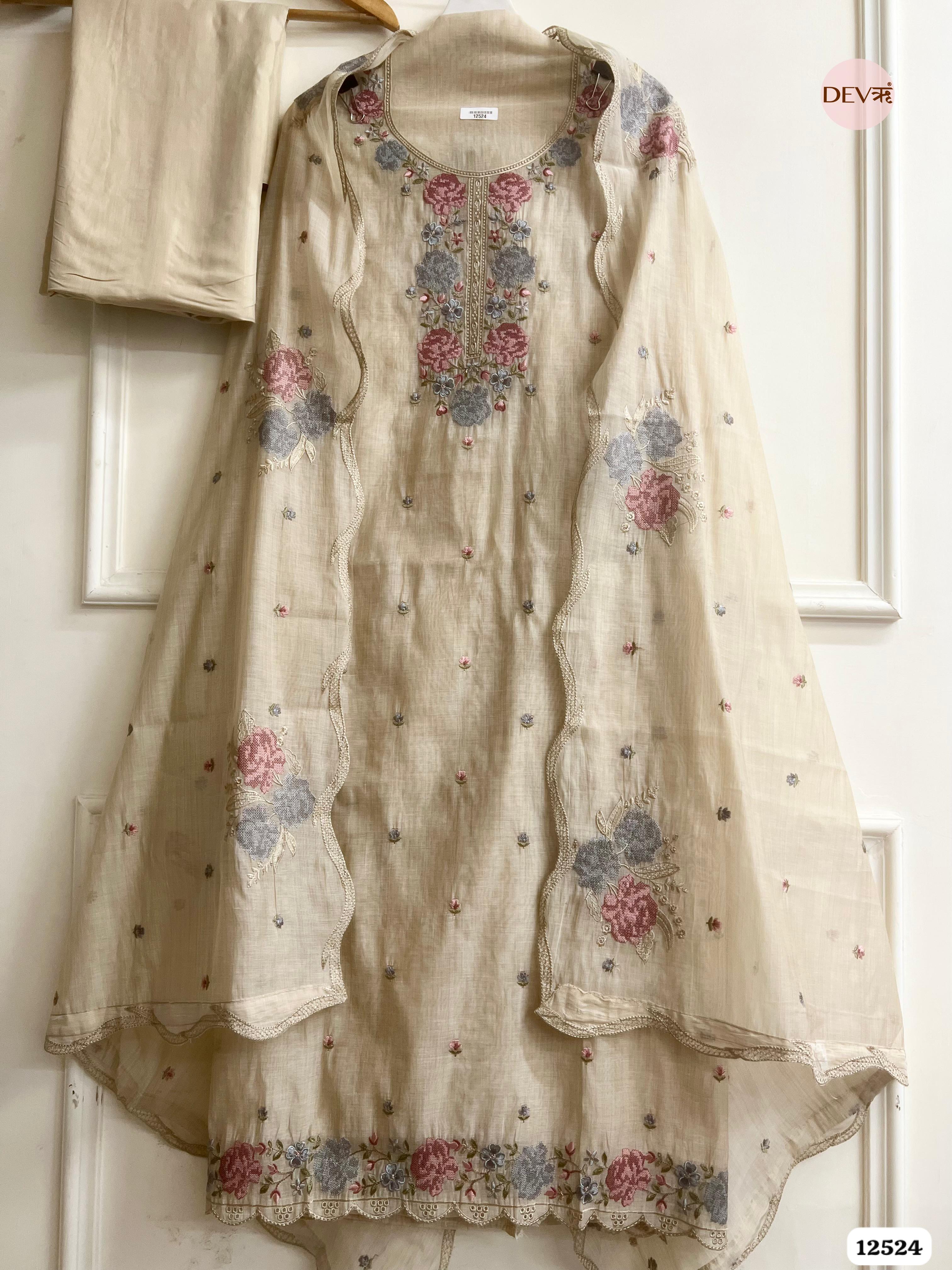 baige Mul Chanderi Embroidered Unstitched 3-Piece Suit (Devri – D.No. 12524)