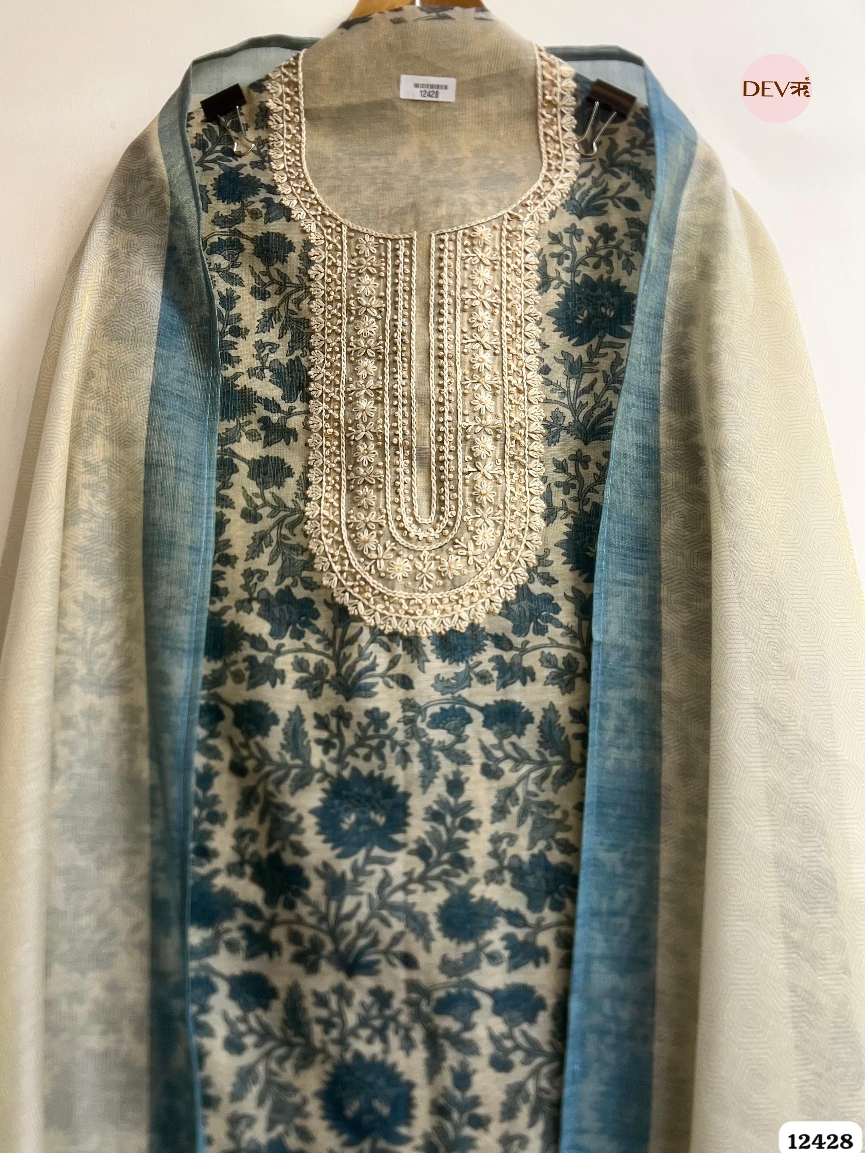 Ivory Blue Pure Linen Tissue Printed Unstitched 3-Piece Suit (Devri – D.No. 12428)