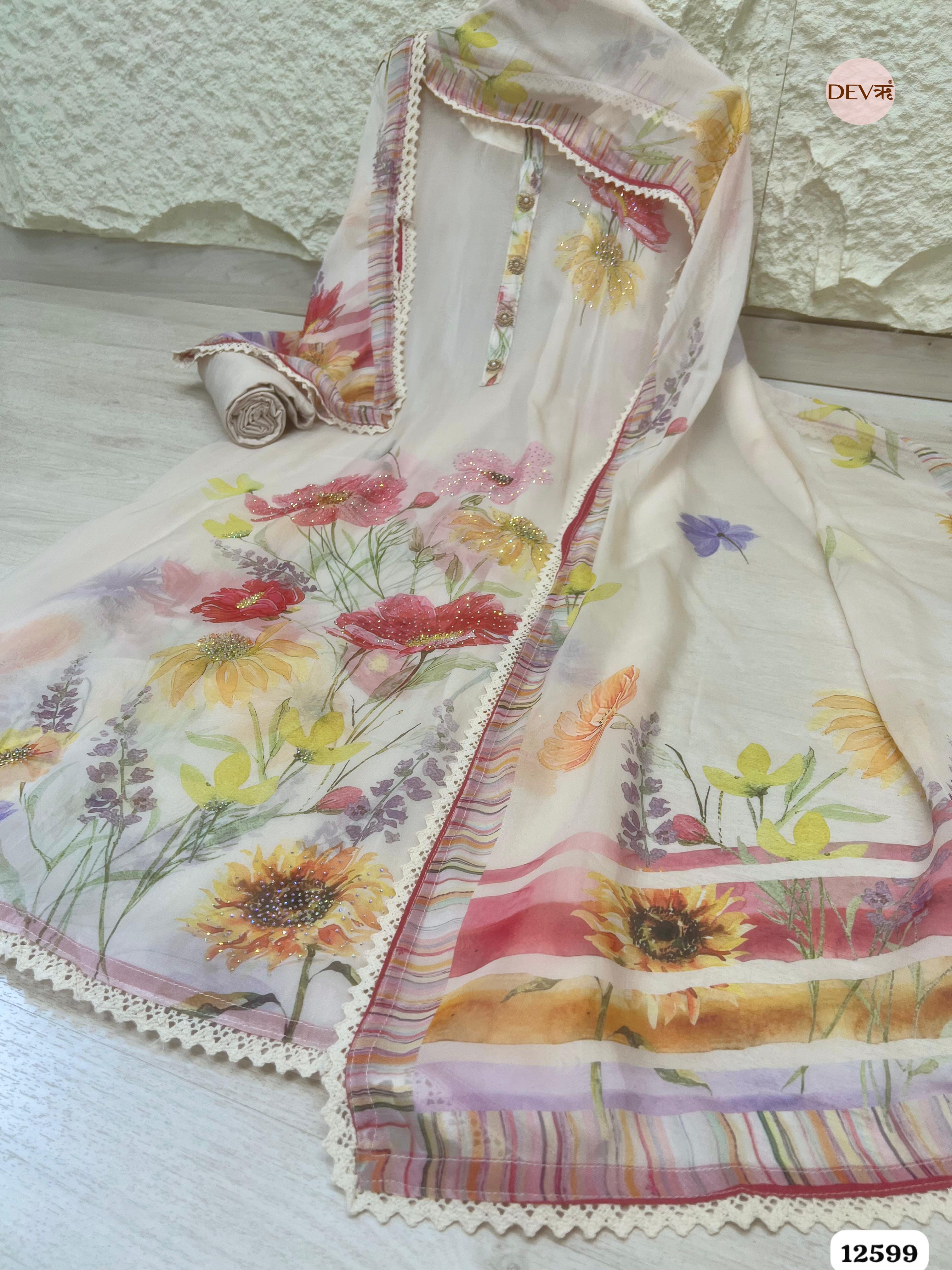 Ivory Organza Floral Printed Unstitched 3-Piece Suit (Devri – D.No 12599)