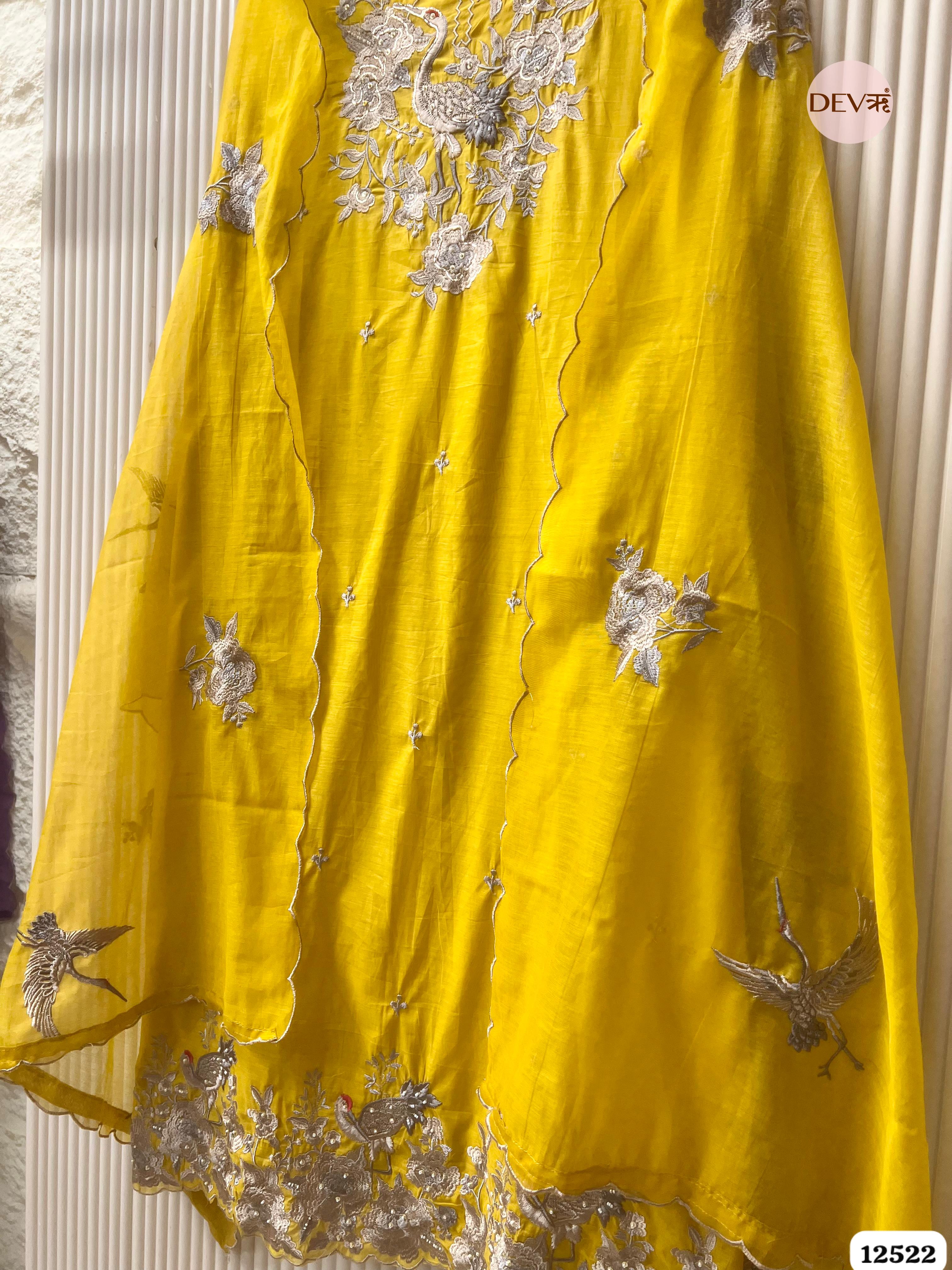 Yellow Pure Mul Chanderi Embroidered Unstitched 3-Piece Suit (Devri – D.No 12522)