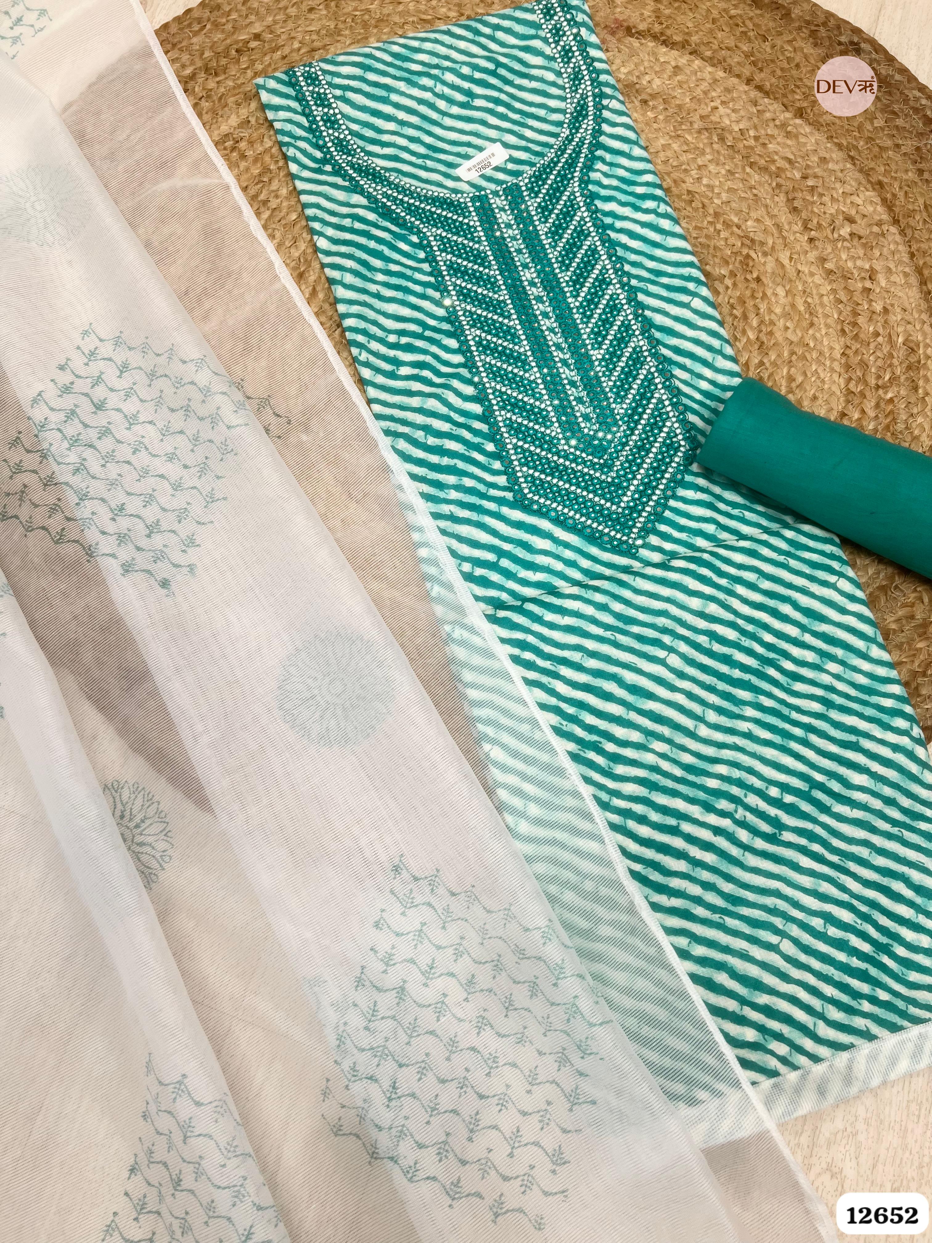 Teal Green Cotton Printed & Embroidered Unstitched 3-Piece Suit (Devri – D.No. 12652)