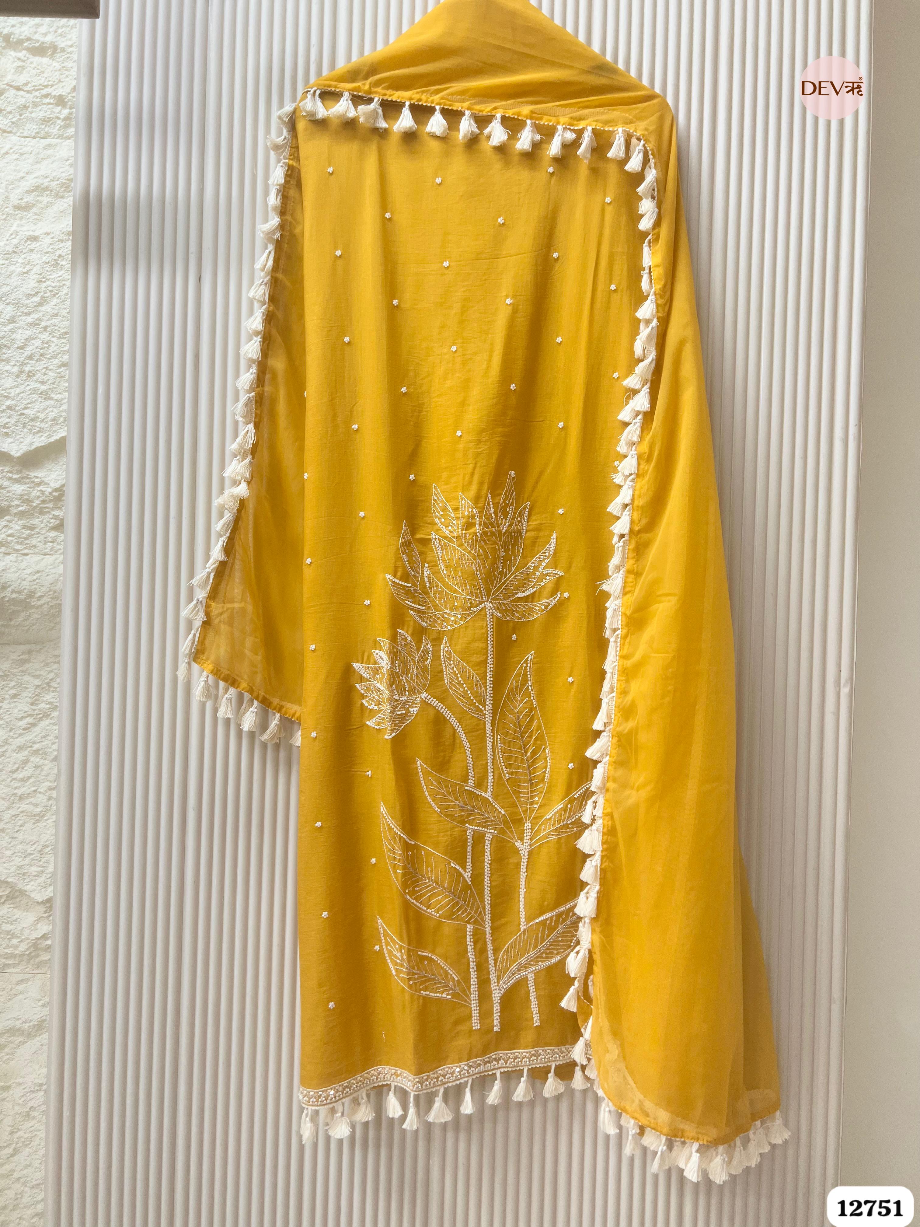 Yellow Mul Cotton Embroidered Unstitched 3-Piece Suit (Devri – D.No 12751)