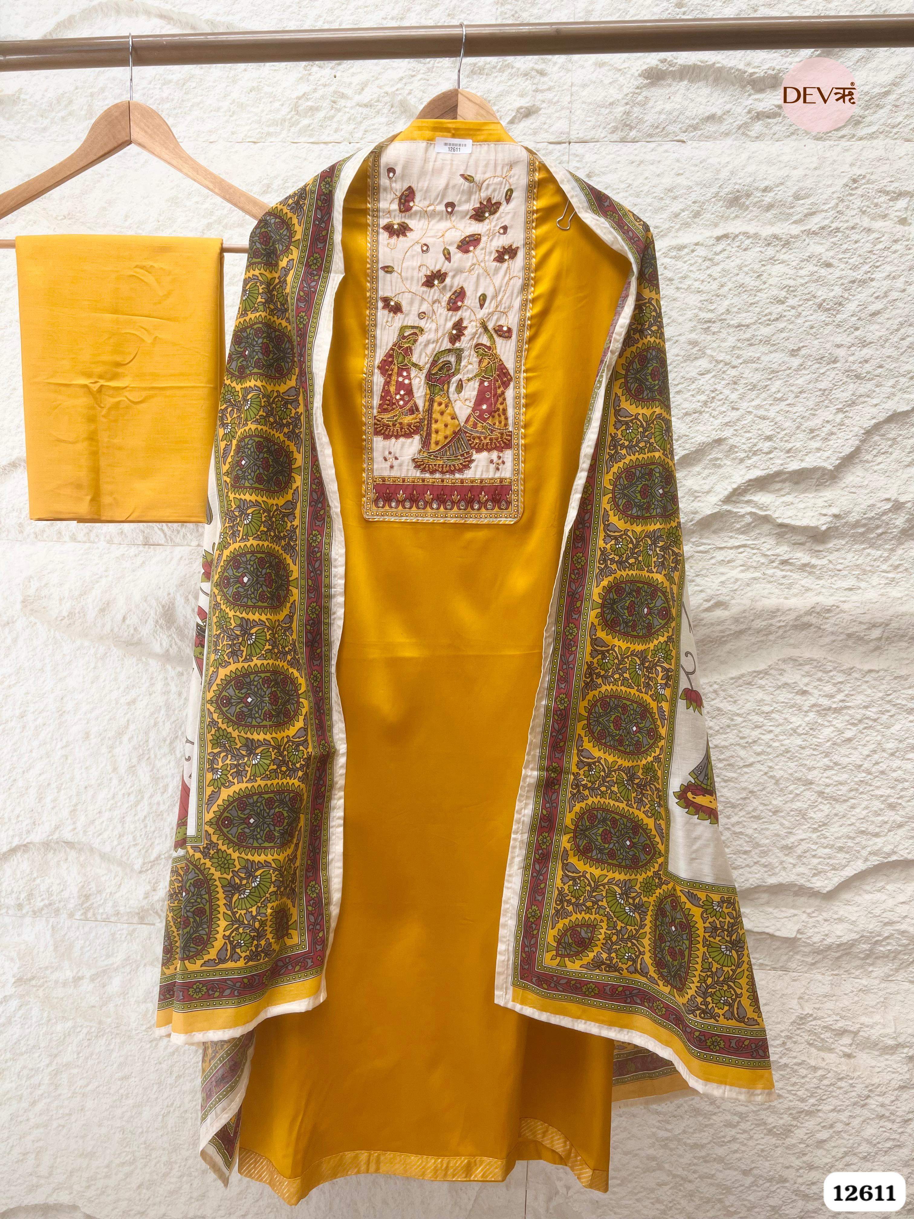 Yellow Glace Cotton Hand Painted Unstitched 3-Piece Suit (Devri – D.No 12611)