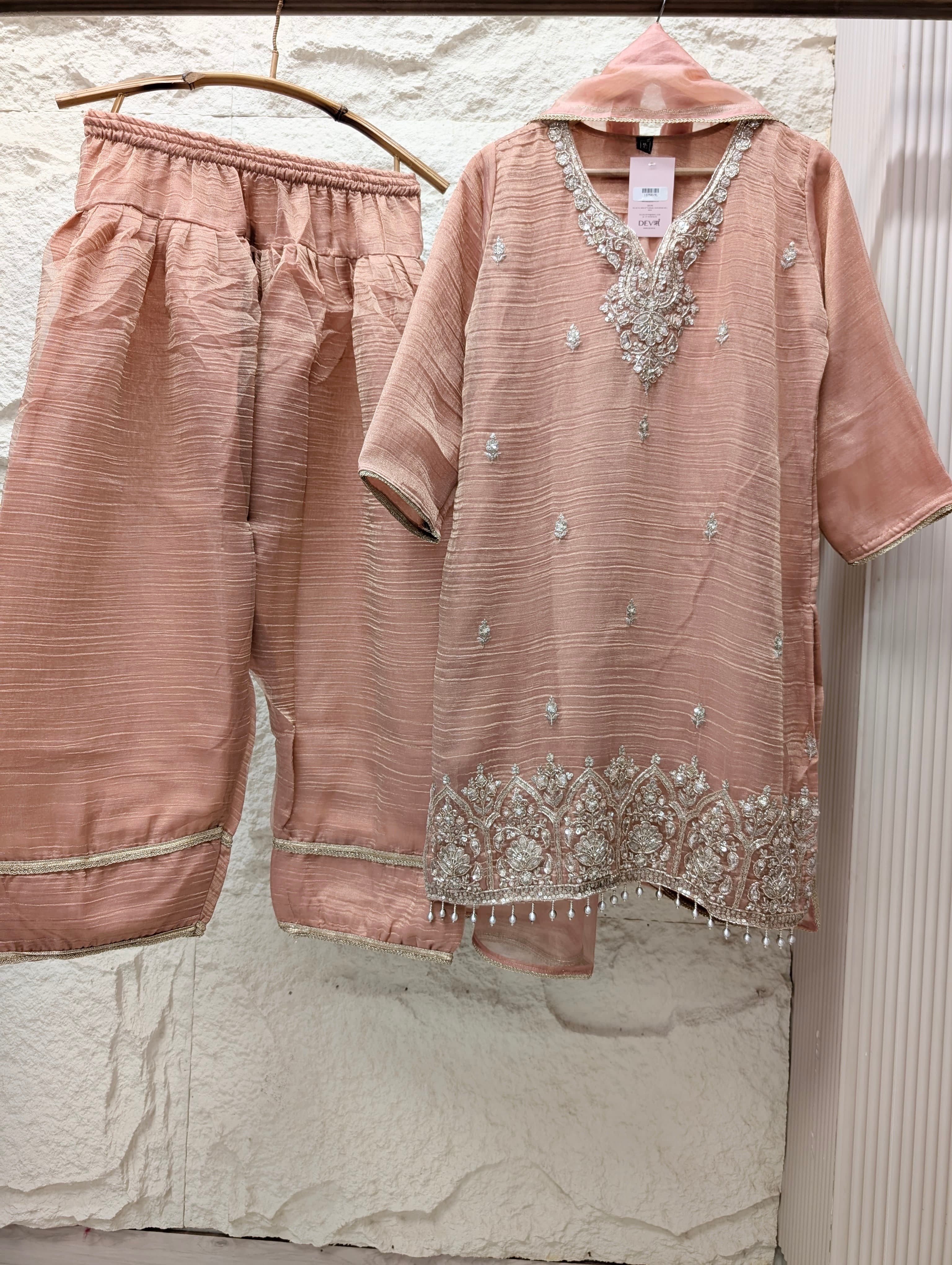 Gulrang Tissue silk blend Embroidered Peach 3-Piece Set (Devri – D.No 13750)