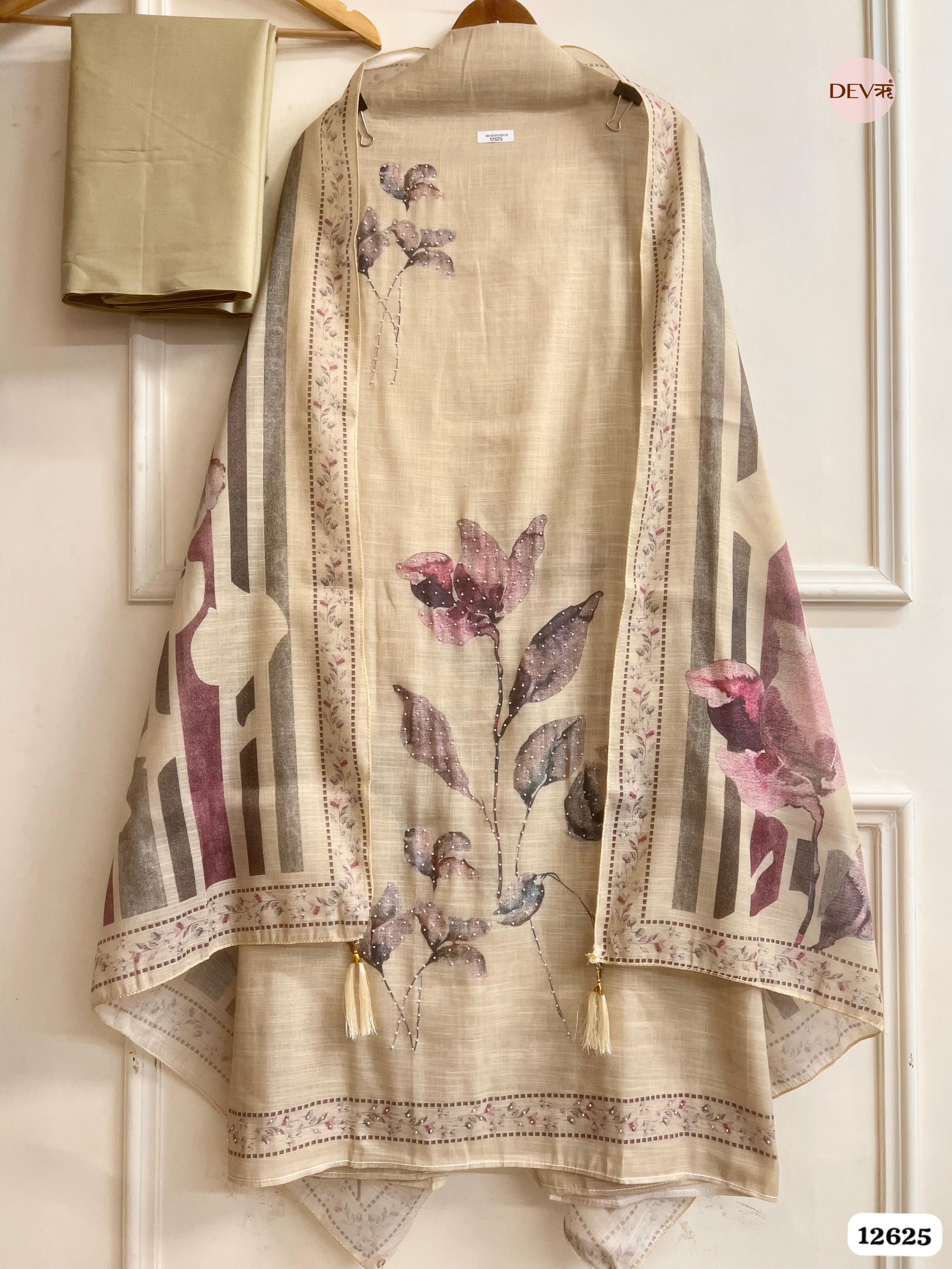 Beige Linen Printed Unstitched 3-Piece Suit (Devri – D.No 12625)