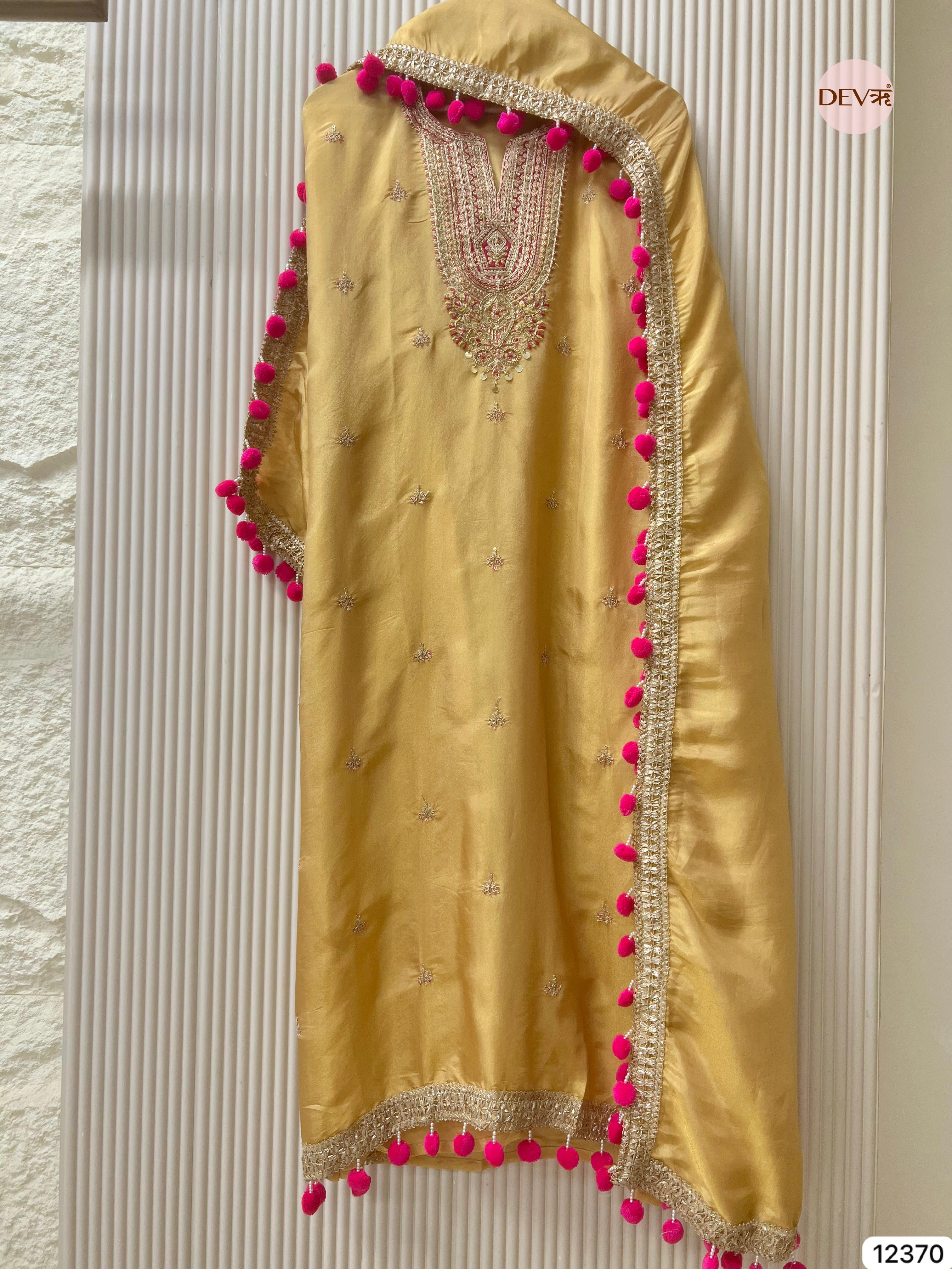 Golden Beige Shimmer Silk Embellished Unstitched 3-Piece Suit (Devri – D.No 12370)