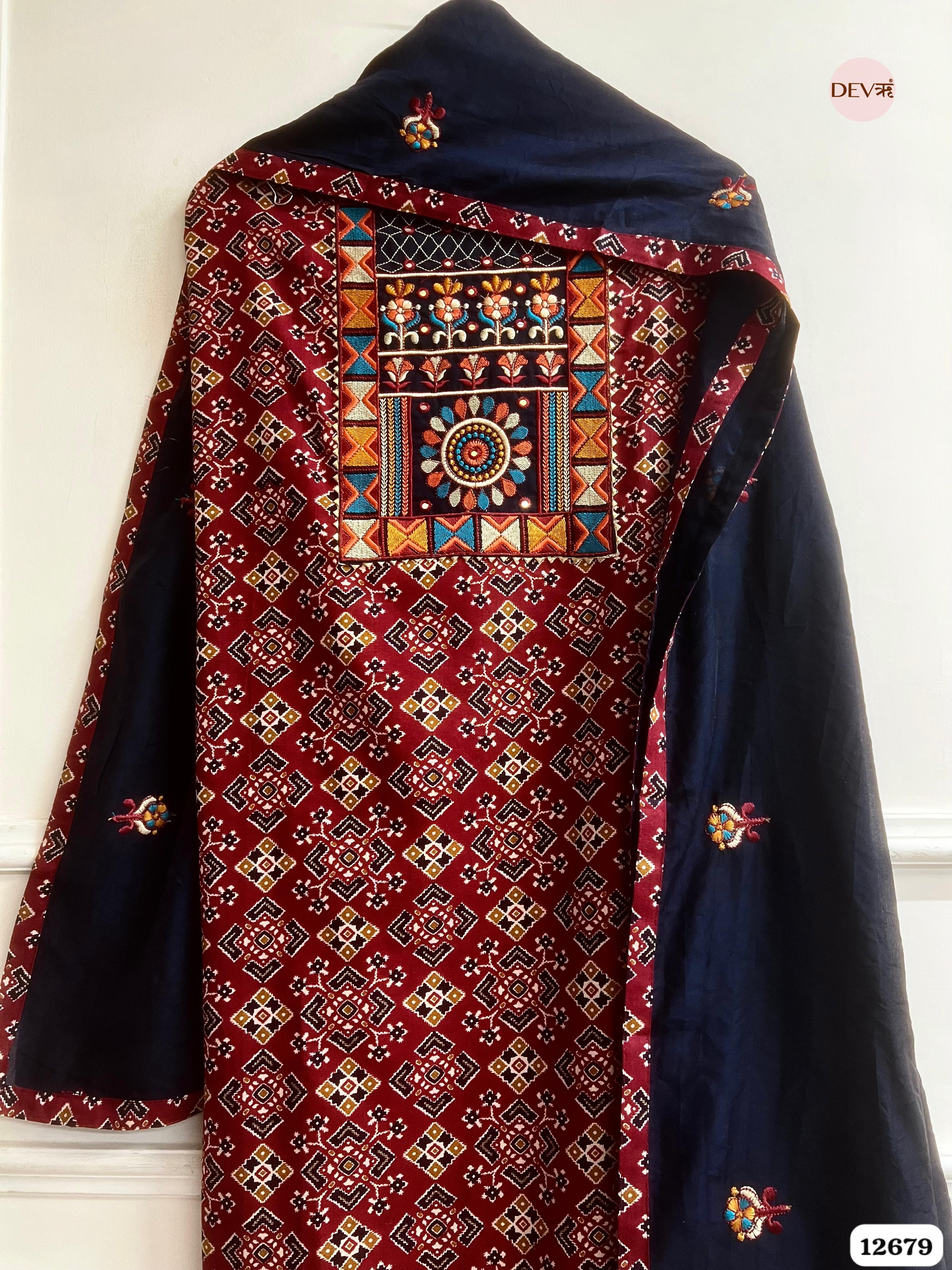 Navy Blue Modal Silk Printed Unstitched 3-Piece Suit (Devri – D.No 12679)