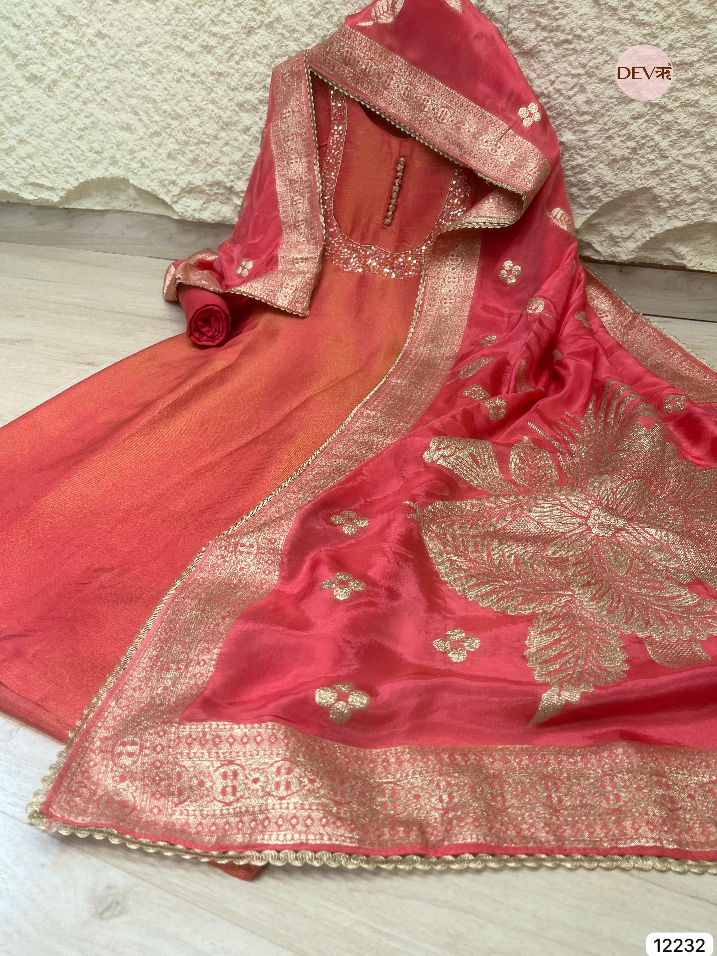 Peach–Pink Tissue Shimmer Silk Embroidered Unstitched 3-Piece Suit (Devri – D.No 12232)