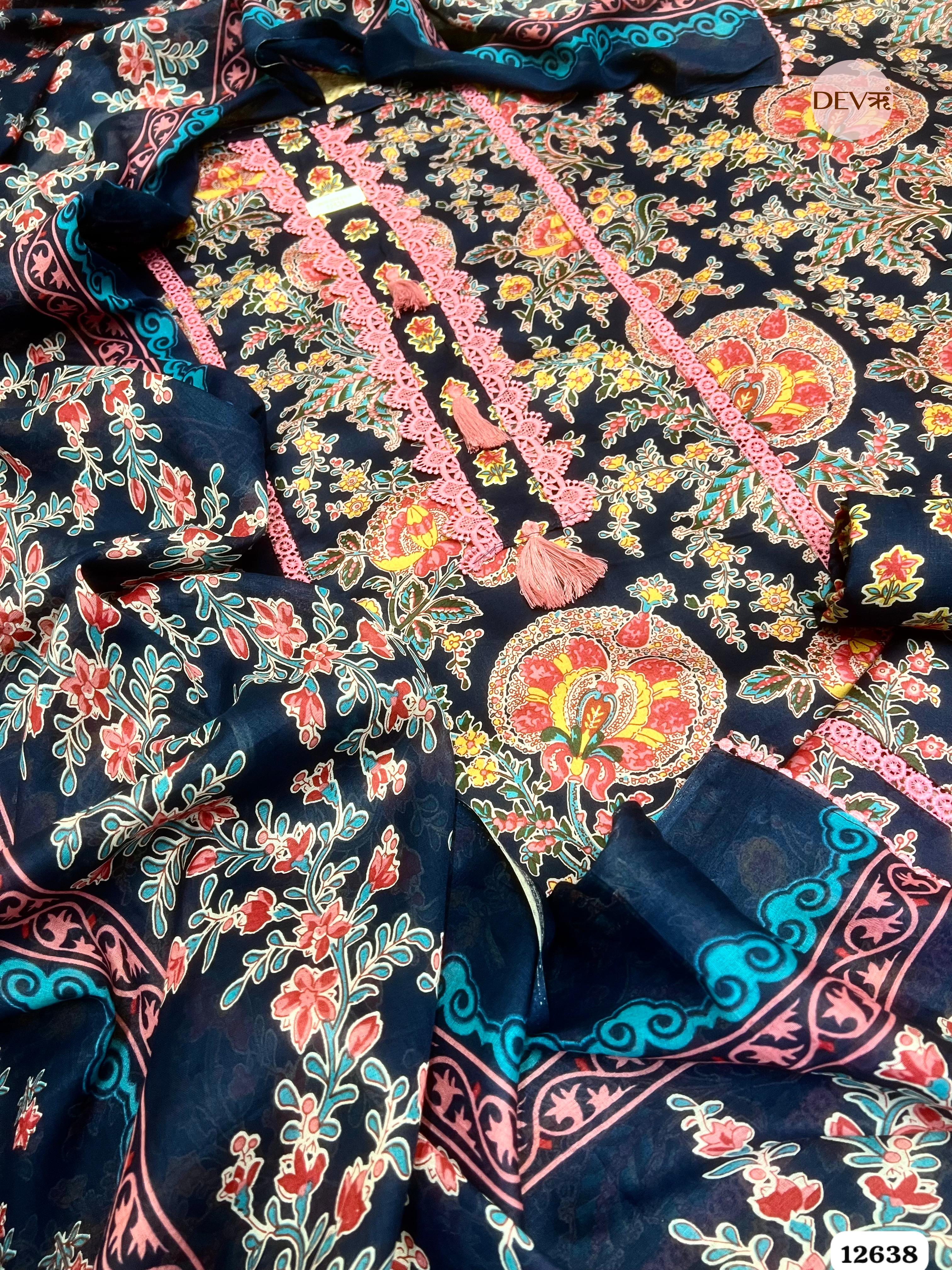 Navy Blue Cotton Floral Printed Unstitched 3-Piece Suit (Devri – D.No 12638)