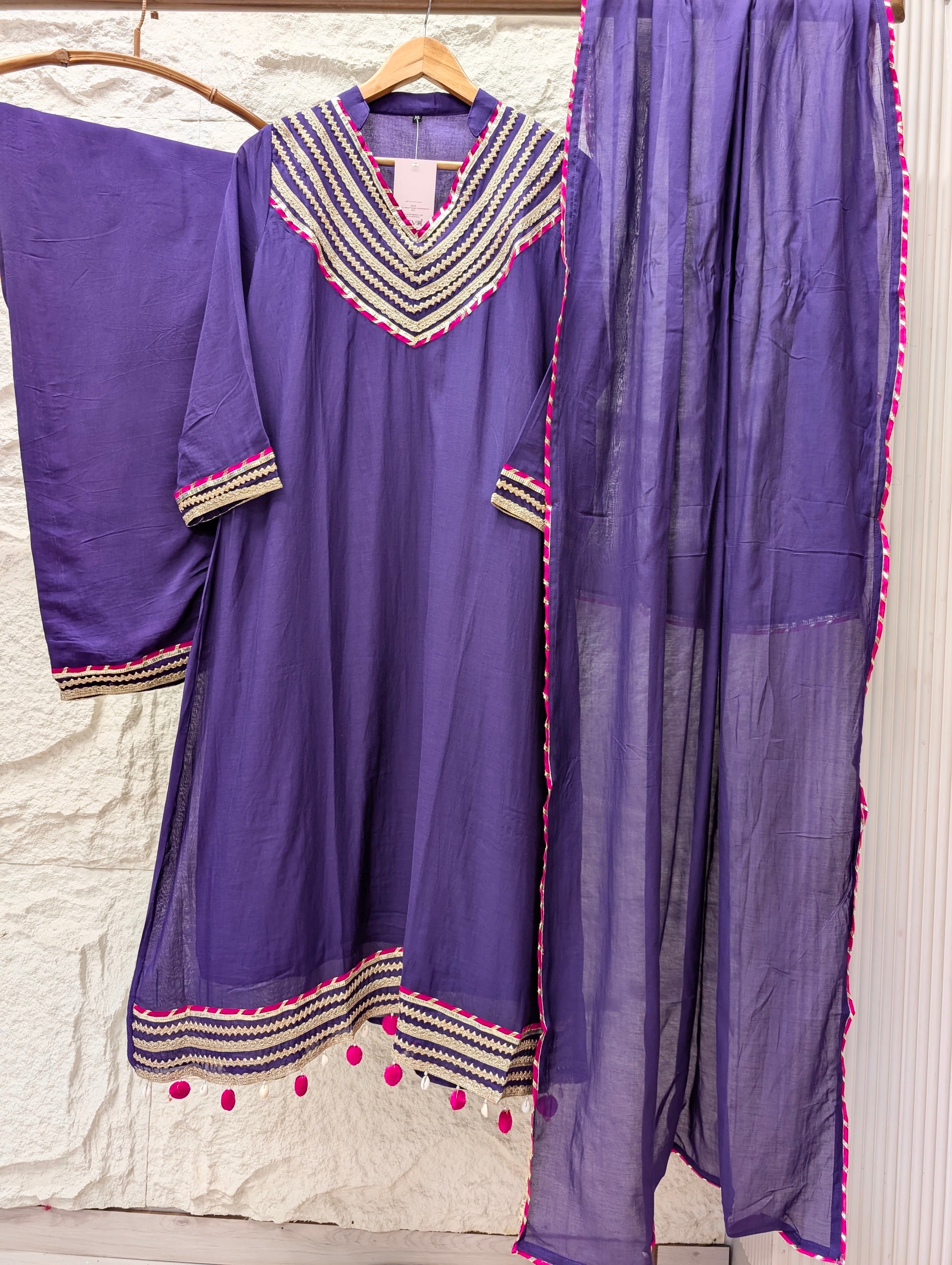 Meher Mul Chanderi Embroidered Purple 3-Piece Set (Devri – D.No 13732)