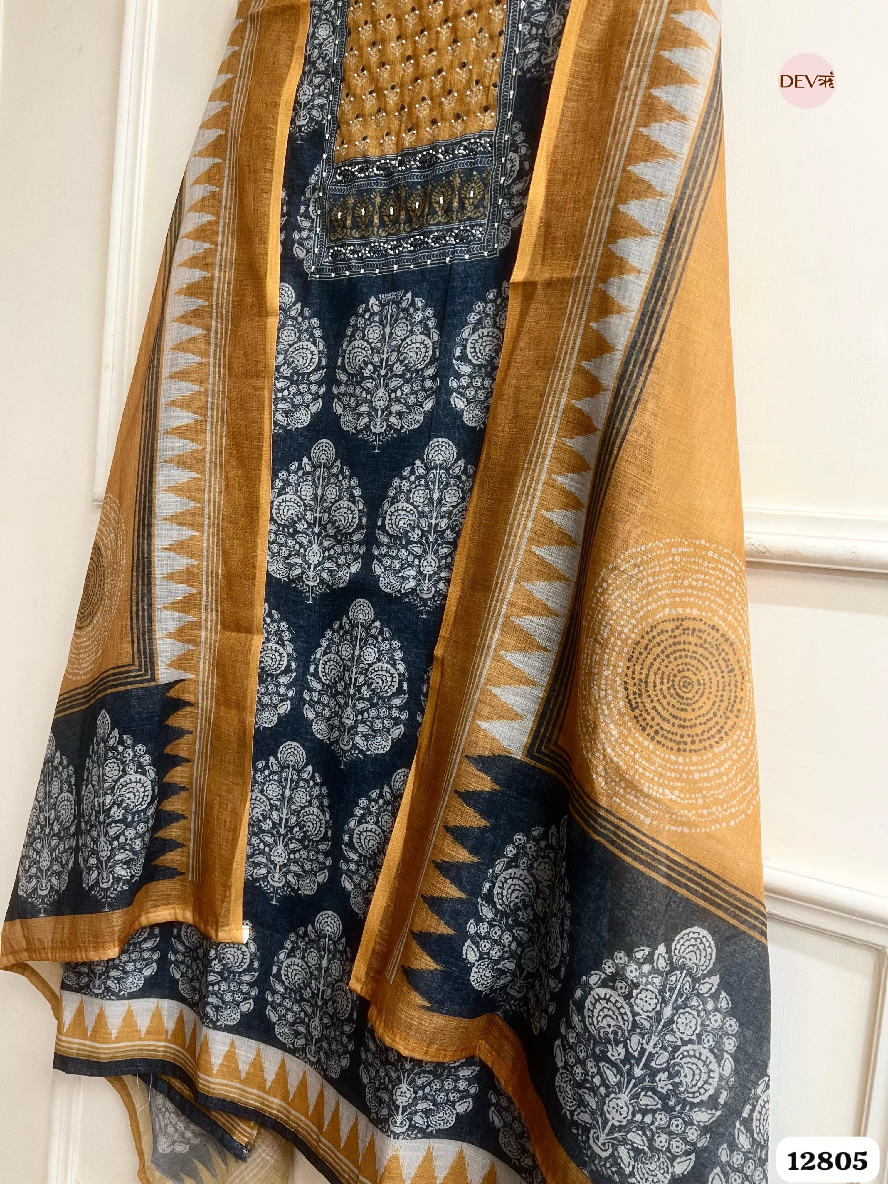 Mustard Linen Cotton Printed Unstitched 3-Piece Suit (Devri – D.No 12805)