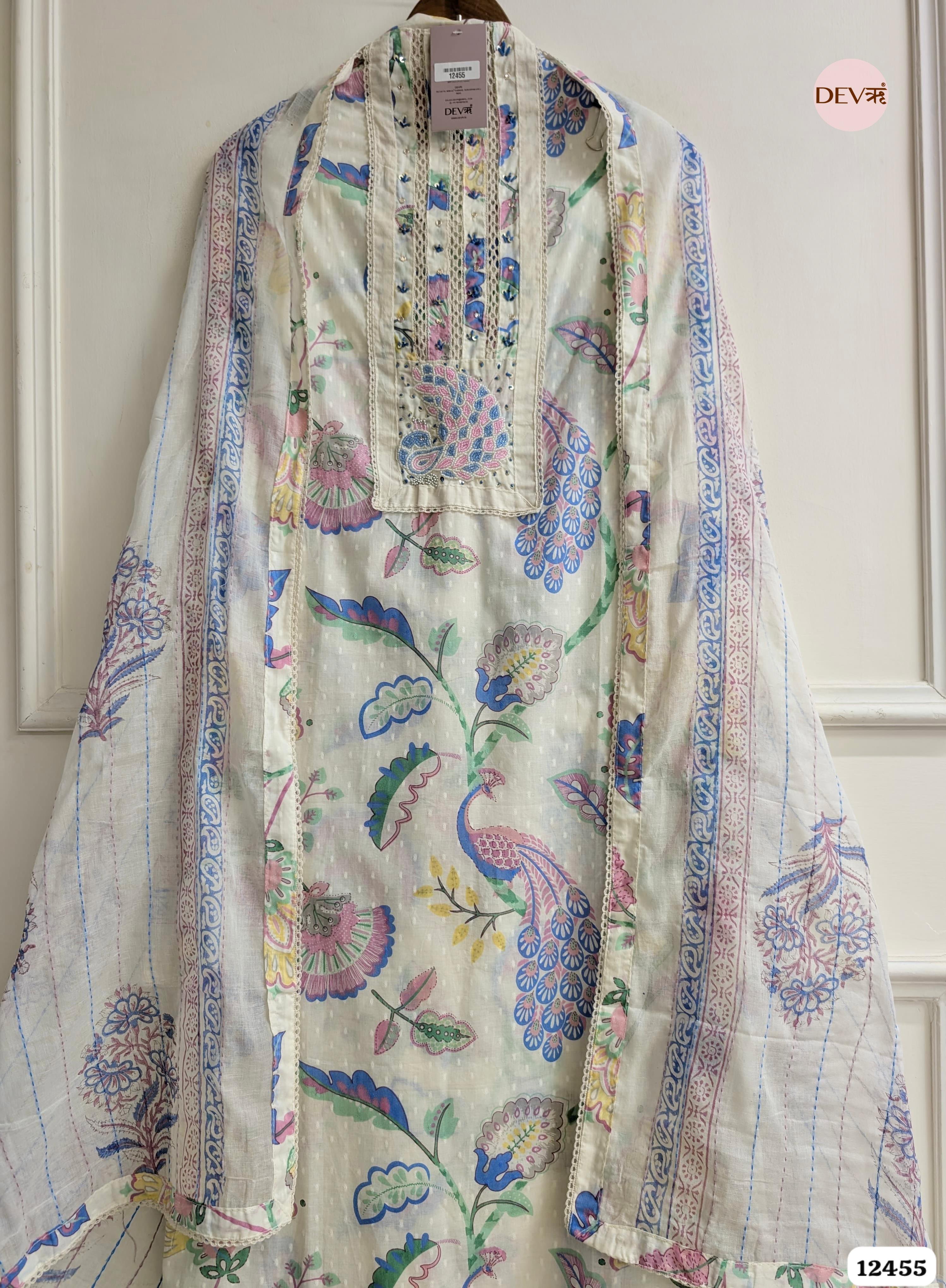 Cream & Blue Pure Cotton Printed Unstitched 3-Piece Suit (Devri – D.No. 12455)