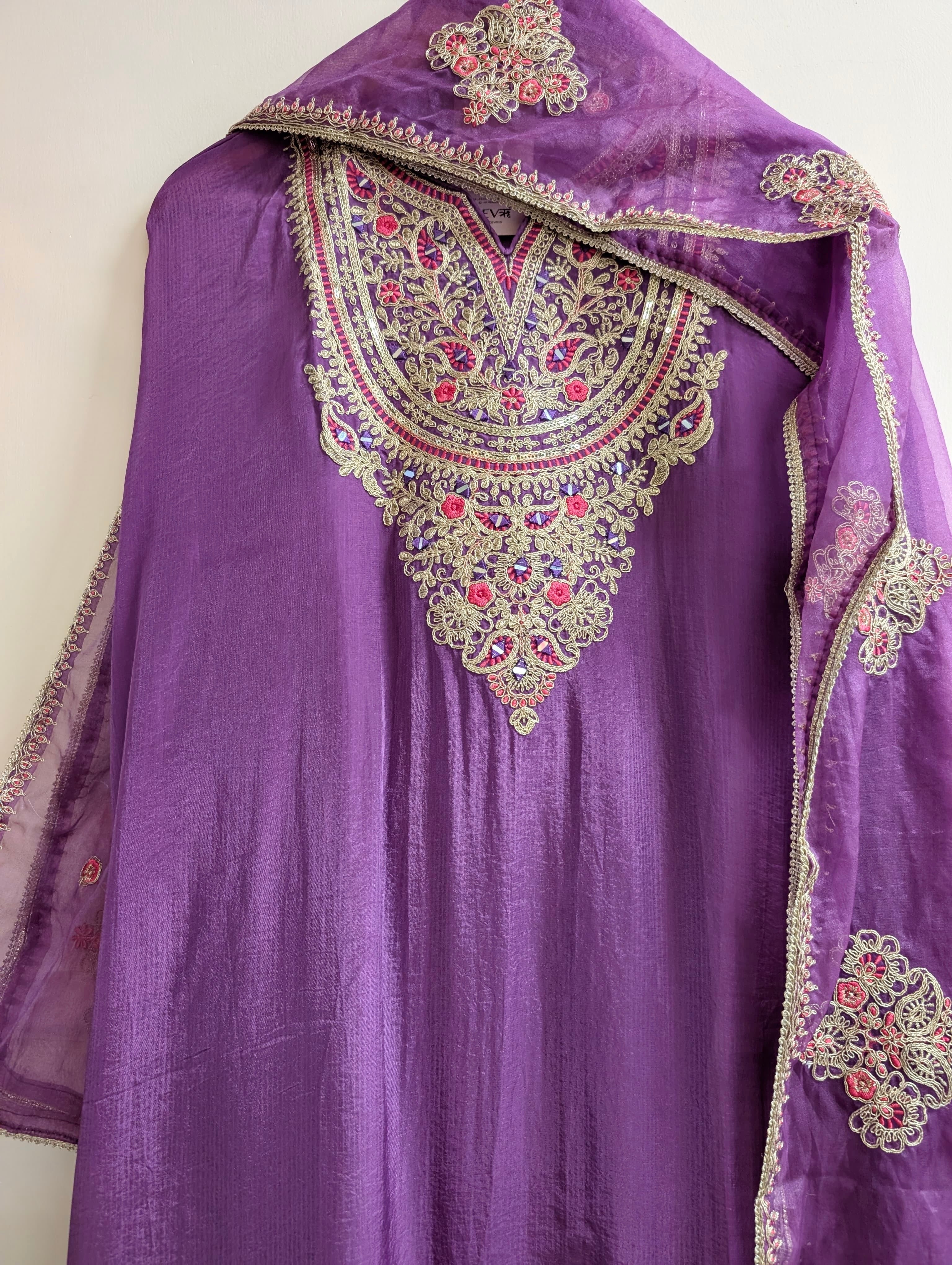 Purple Tissue Organza Silk Embroidered Unstitched 3-Piece Suit (Devri – D.No 13805)