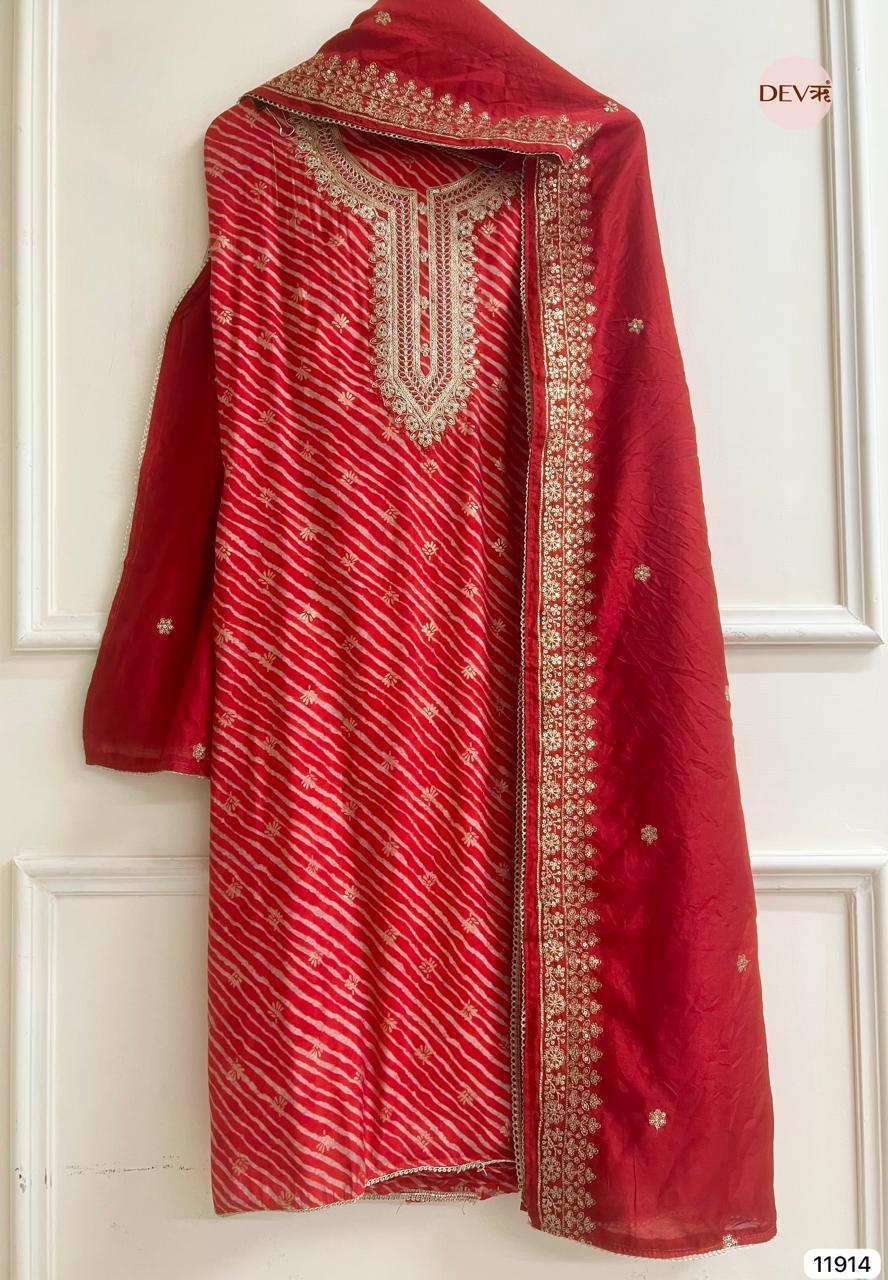 Red Modal Silk Embroidered Bandhej Unstitched 3-Piece Suit (Devri – D.No 11914)