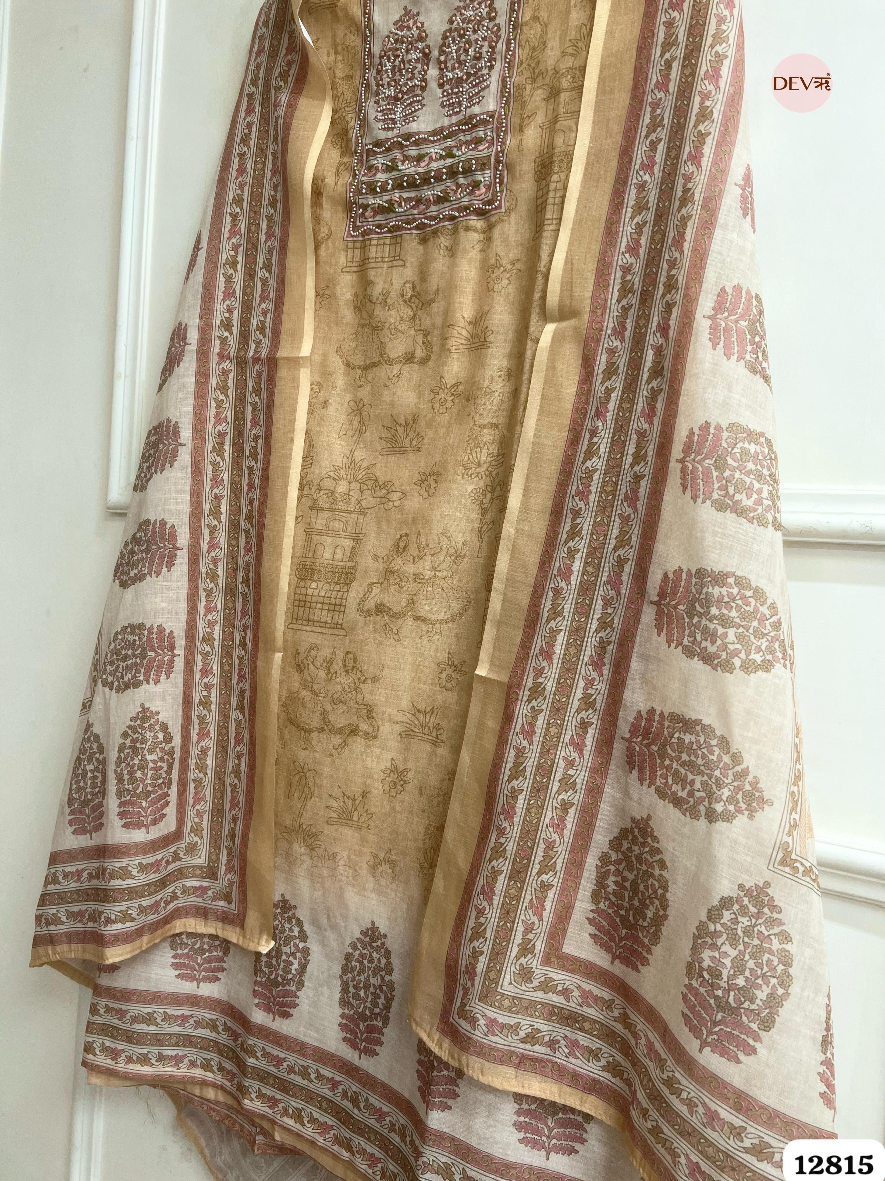 Beige Linen Cotton Printed Unstitched 3-Piece Suit (Devri – D.No 12815)