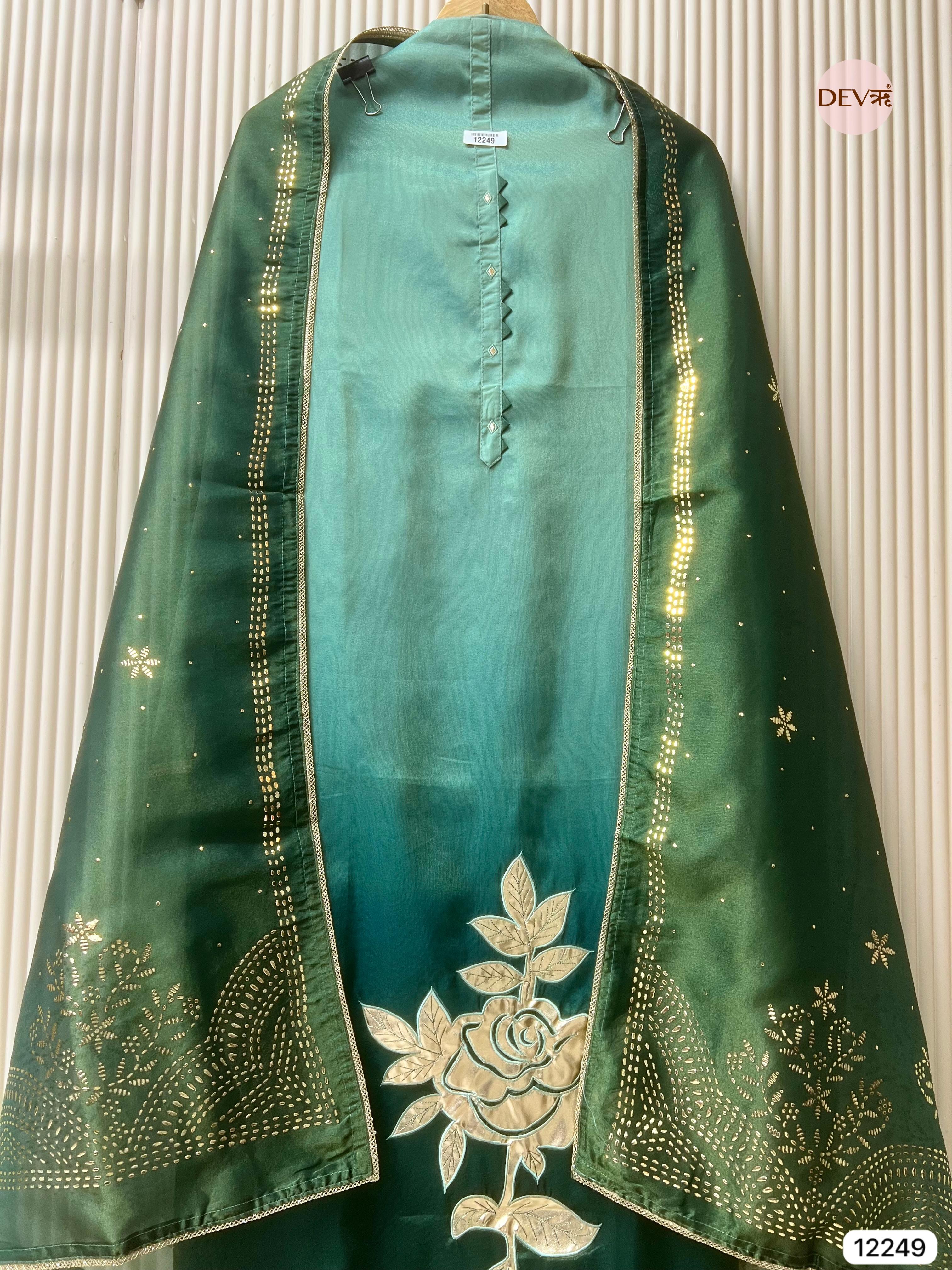 Deep Emerald Soft Tissue Shimmer Silk Embroidered Unstitched 3-Piece Set (Devri – D.No 12249)