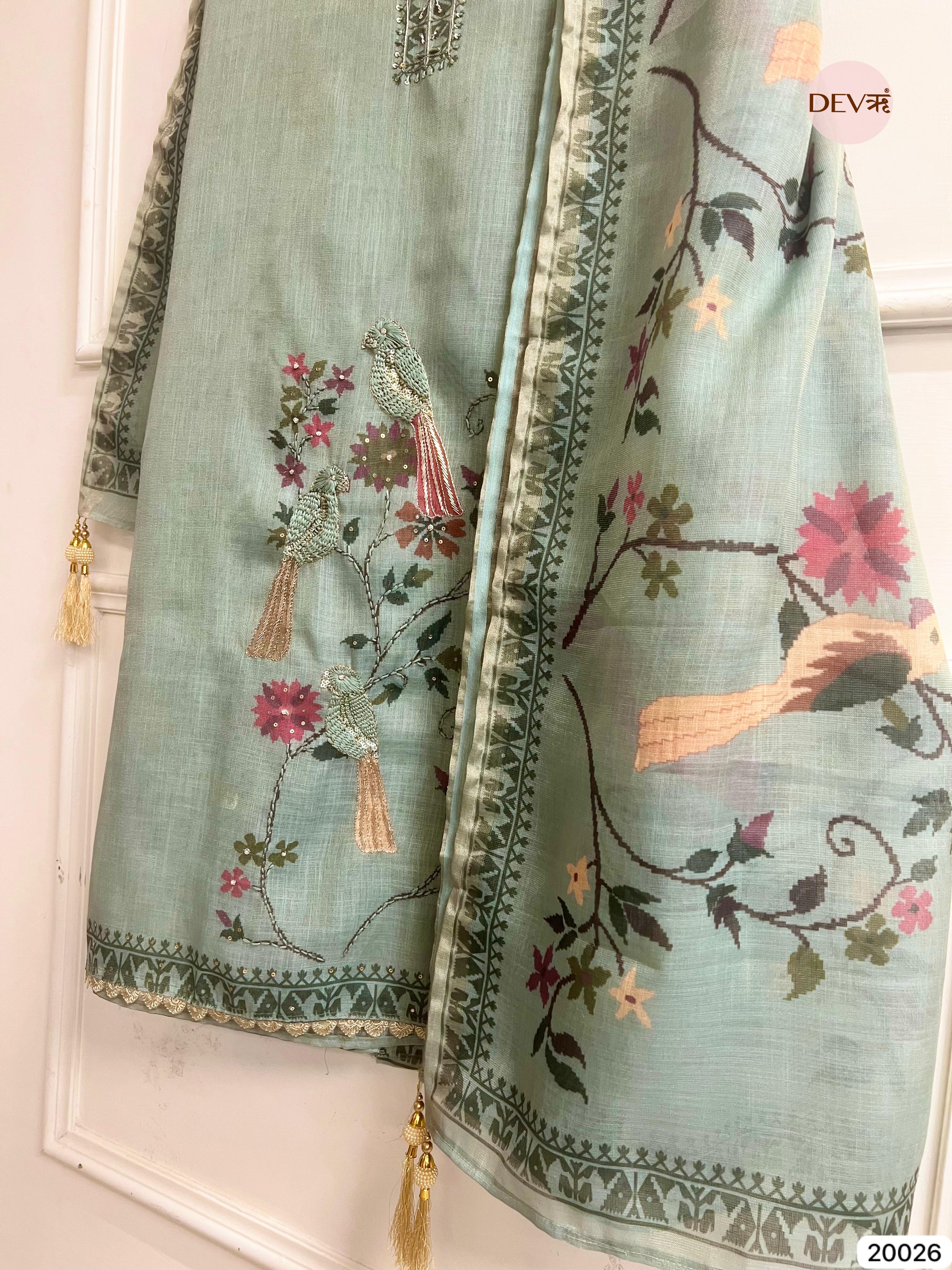 Sage Green Pure Linen Embroidered Unstitched 3-Piece Suit (Devri – D.No . 20026)