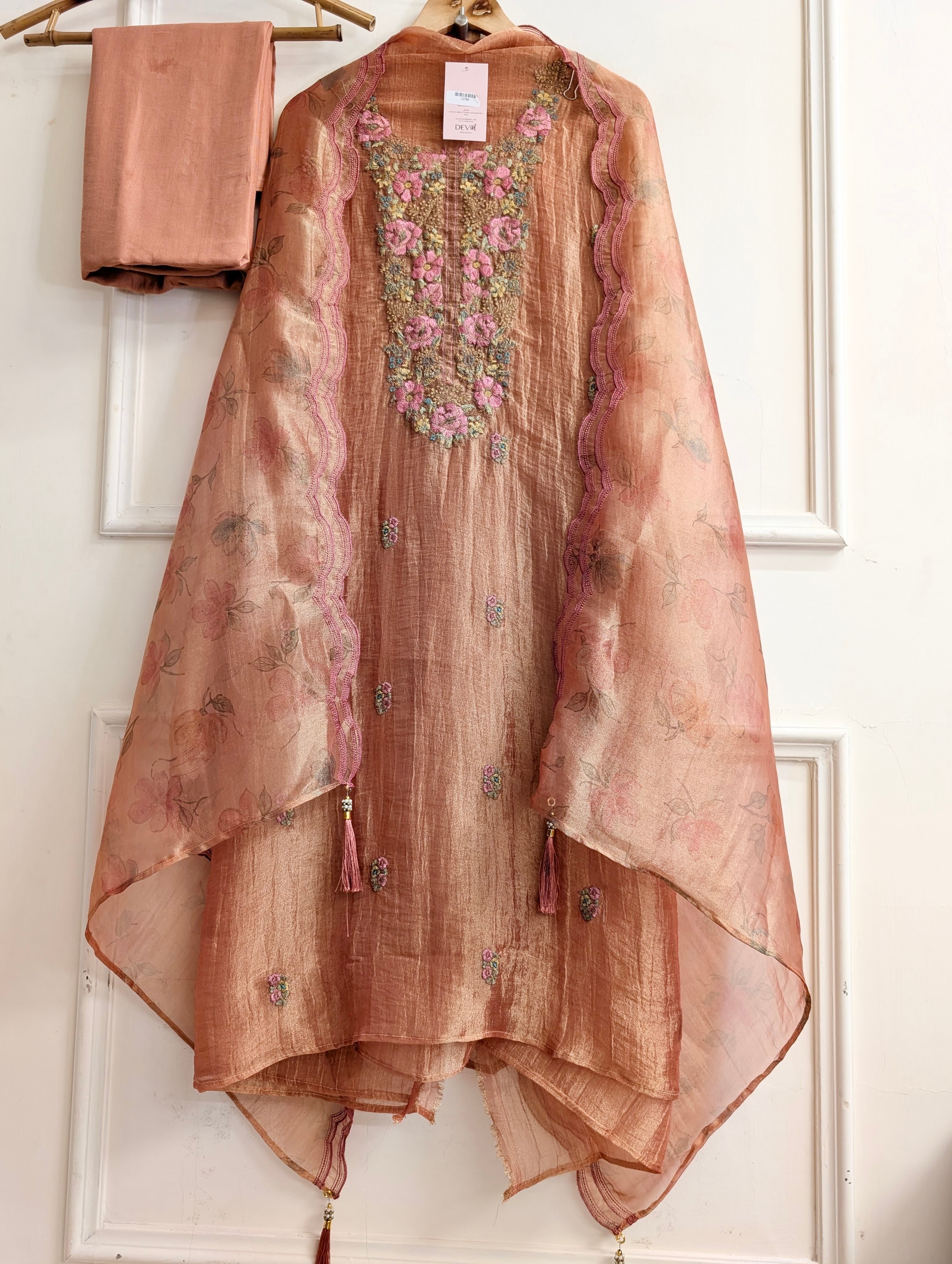 Peach Crush Tissue Silk Embroidered Unstitched 3-Piece Suit (Devri – D.No 13708)
