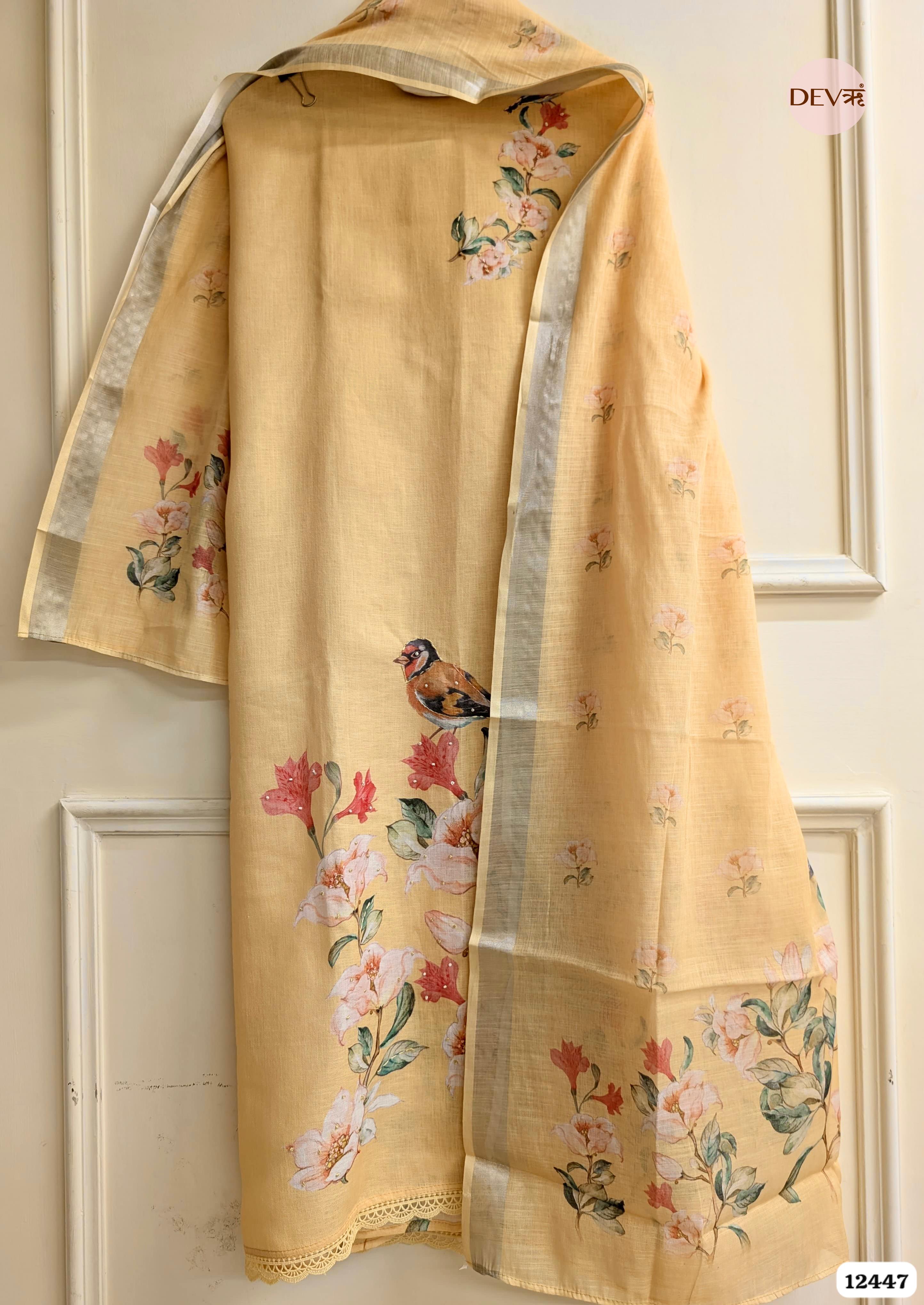 Yellow Linen Cotton Printed Unstitched 3-Piece Suit (Devri – D.No 12447)