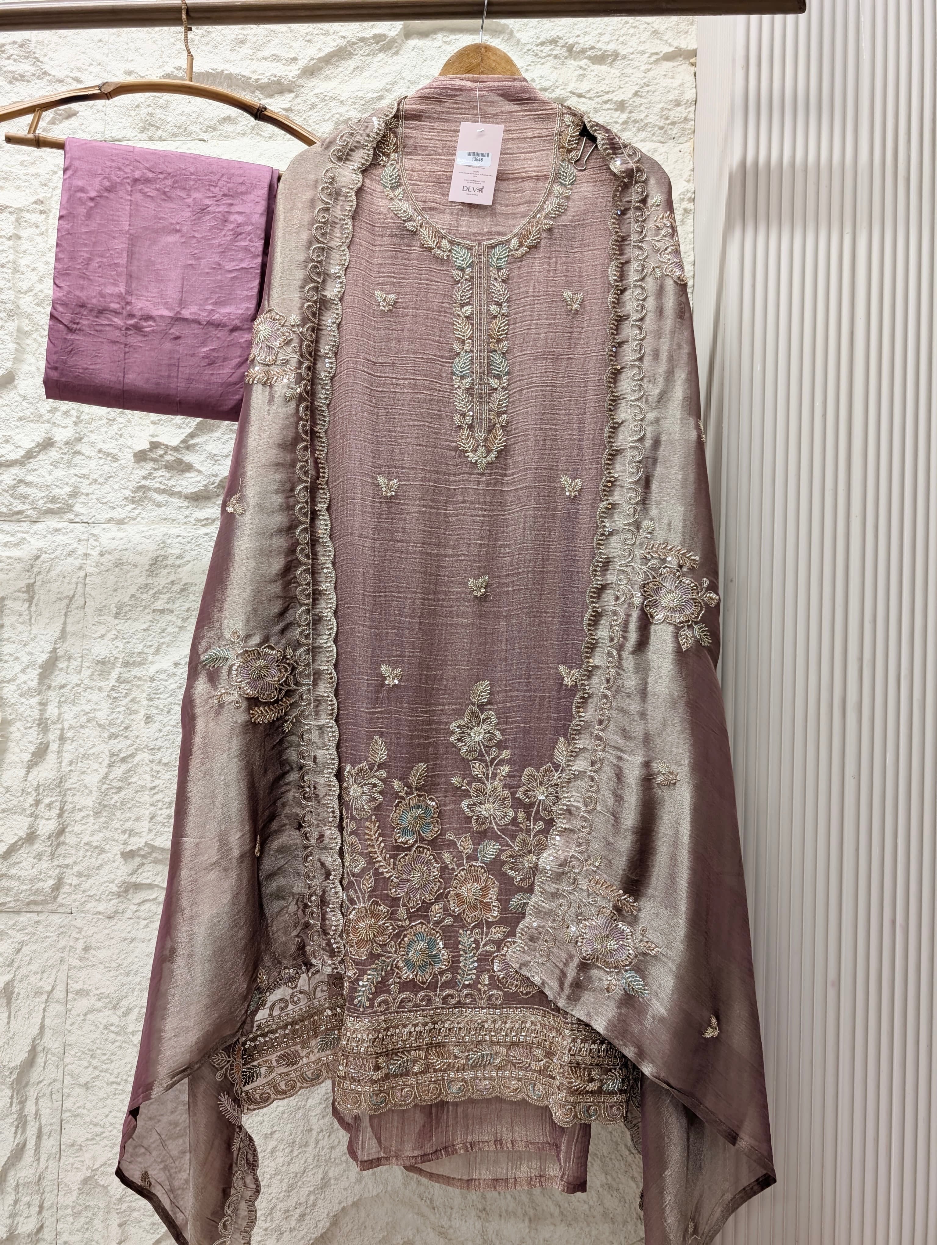 Mauve Tissue Crush Silk Embroidered Unstitched 3-Piece Suit (Devri – D.No 13646)