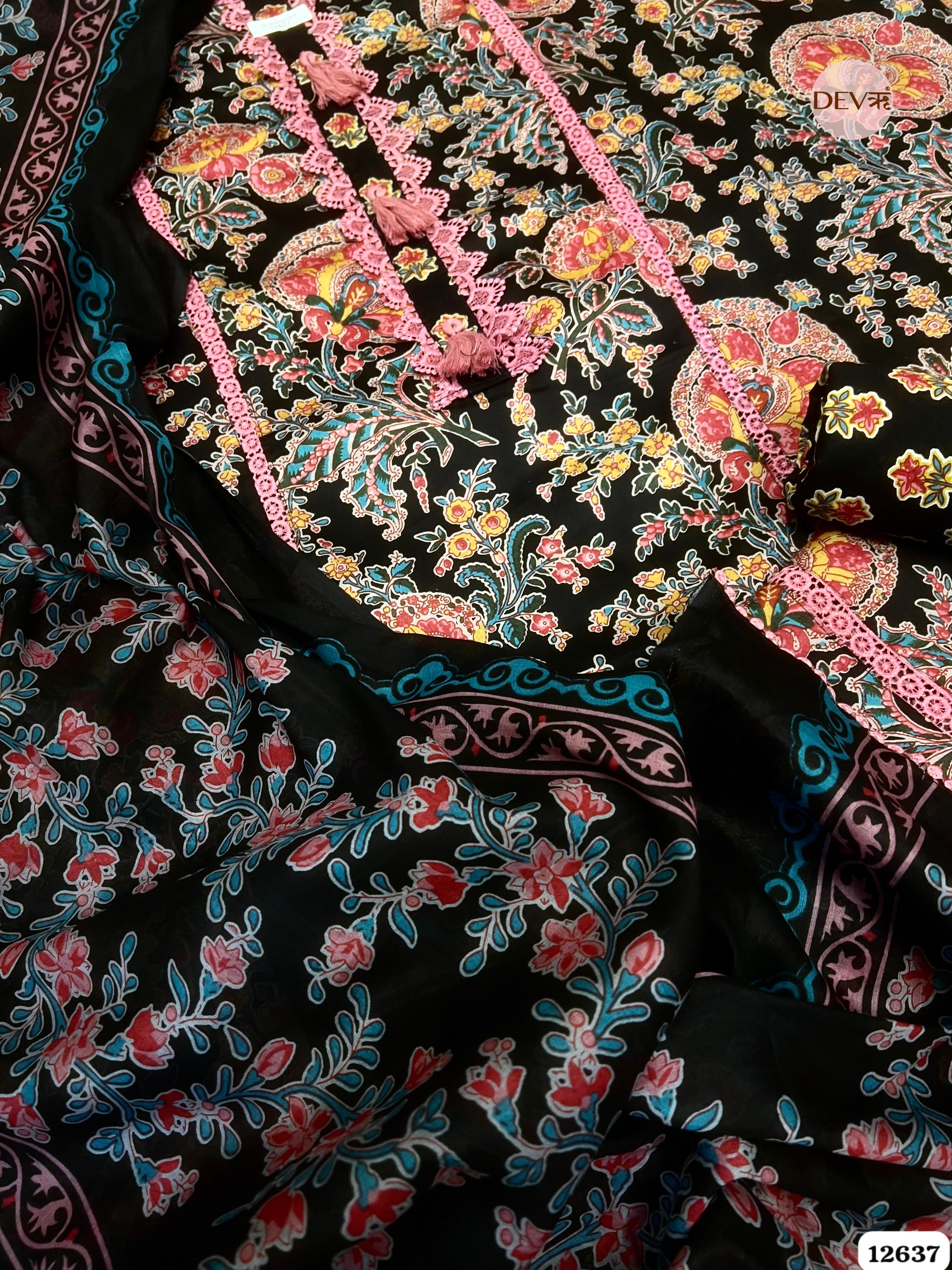 Black Cotton Floral Printed Unstitched 3-Piece Suit (Devri – D.No 12637)
