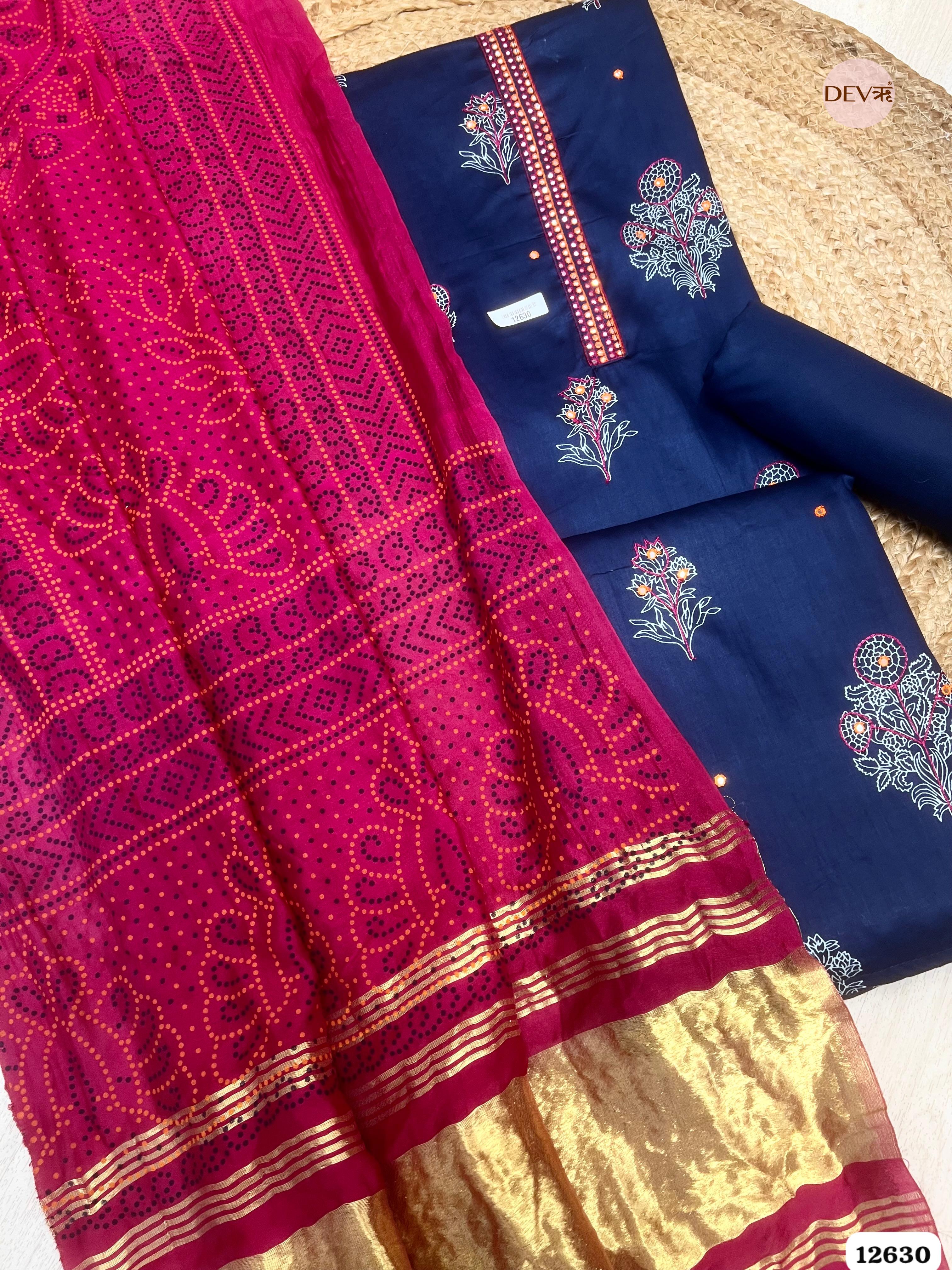 Navy Blue & Magenta Cotton Silk Unstitched 3-Piece Suit (Devri – D.No 12630)