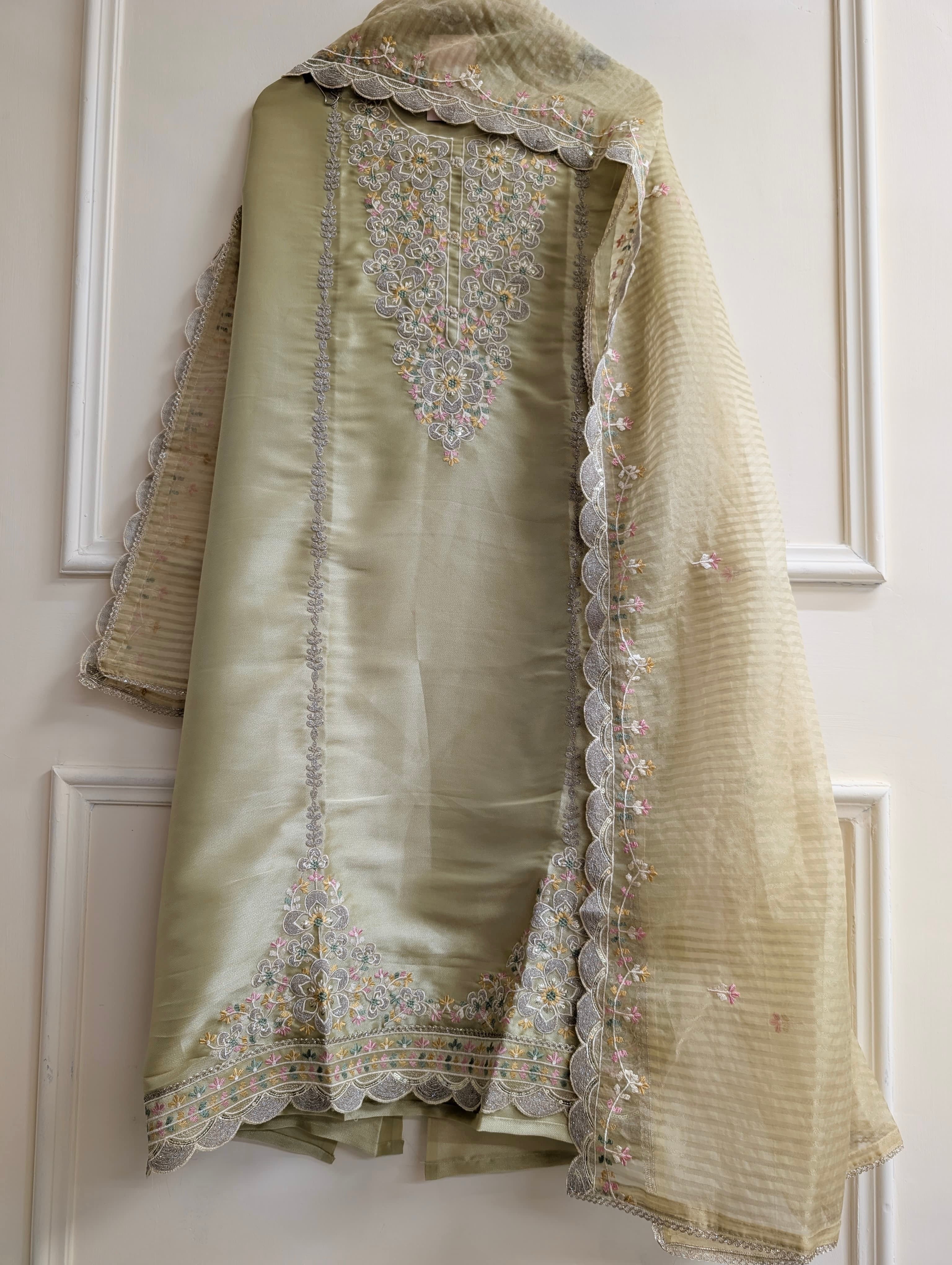 Olive Tissue Silk Embroidered Unstitched 3-Piece Suit (Devri – D.No 13768)