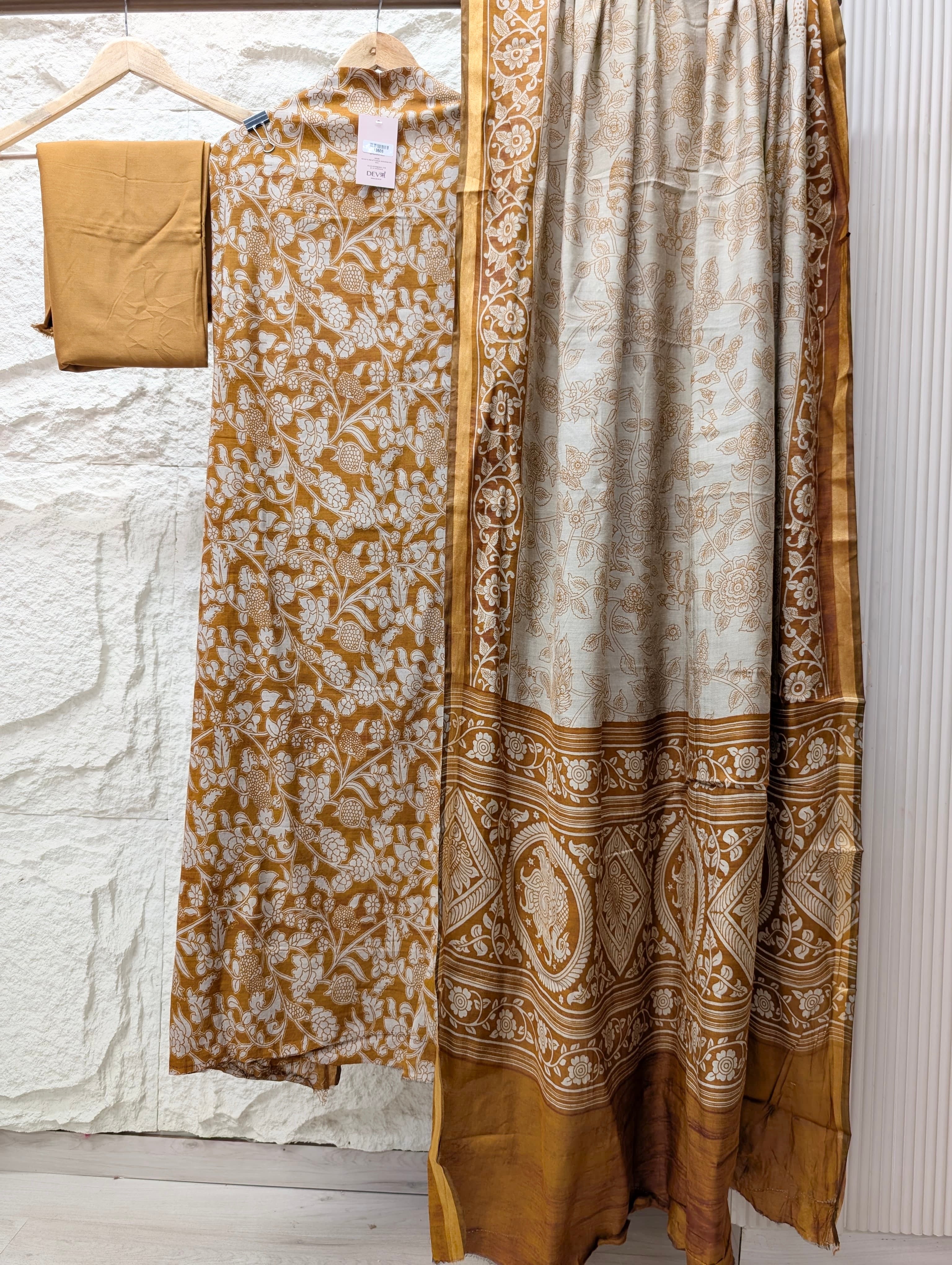 Mustard Maheshwari Silk Printed Unstitched 3-Piece Suit (Devri – D.No 13606)
